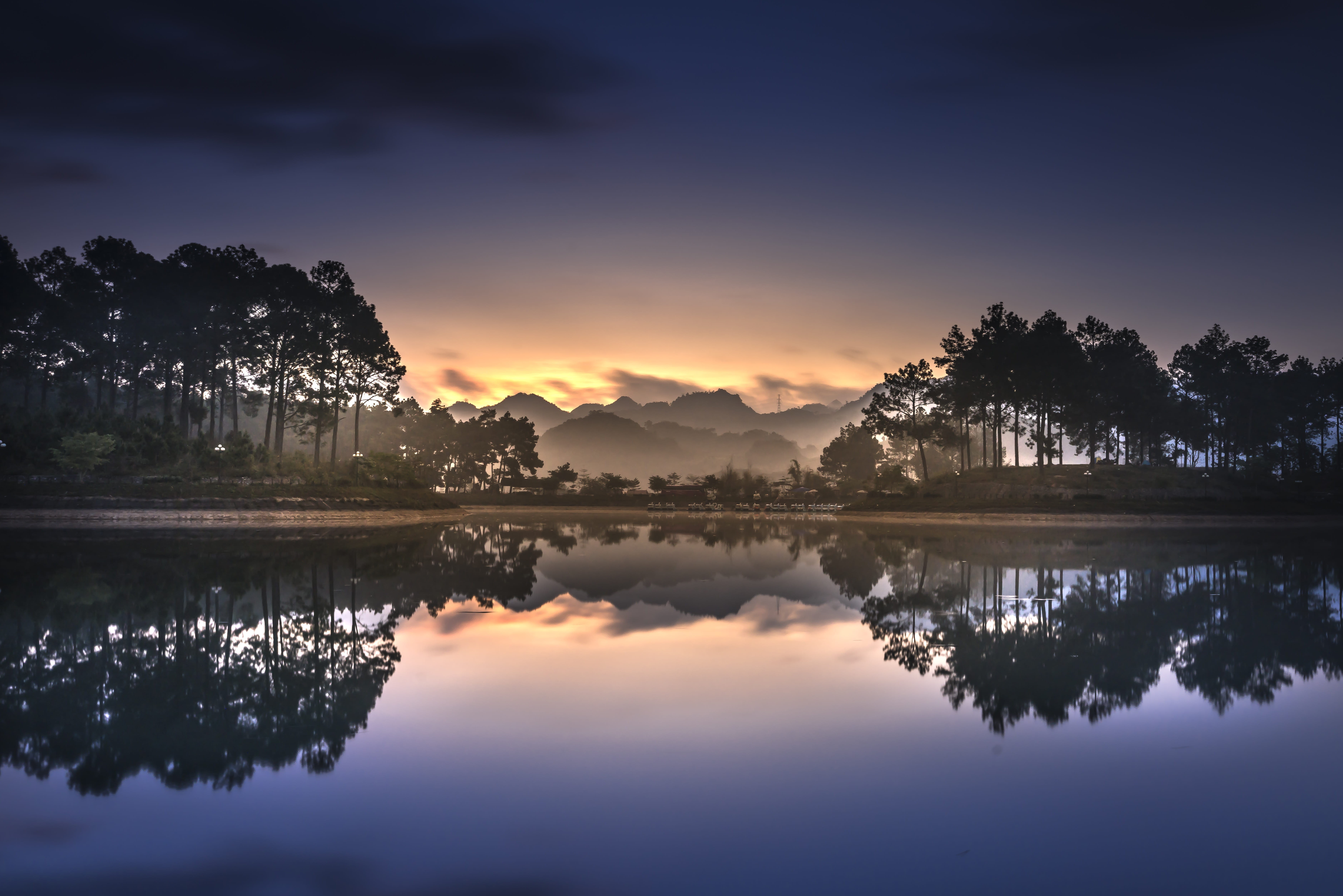 throat, red, full color, lake, body, reflection lake, the lake, reflect, travel, standing water, the morning, nature, summer, silhouette, front, dawn, clouds, HD Wallpaper