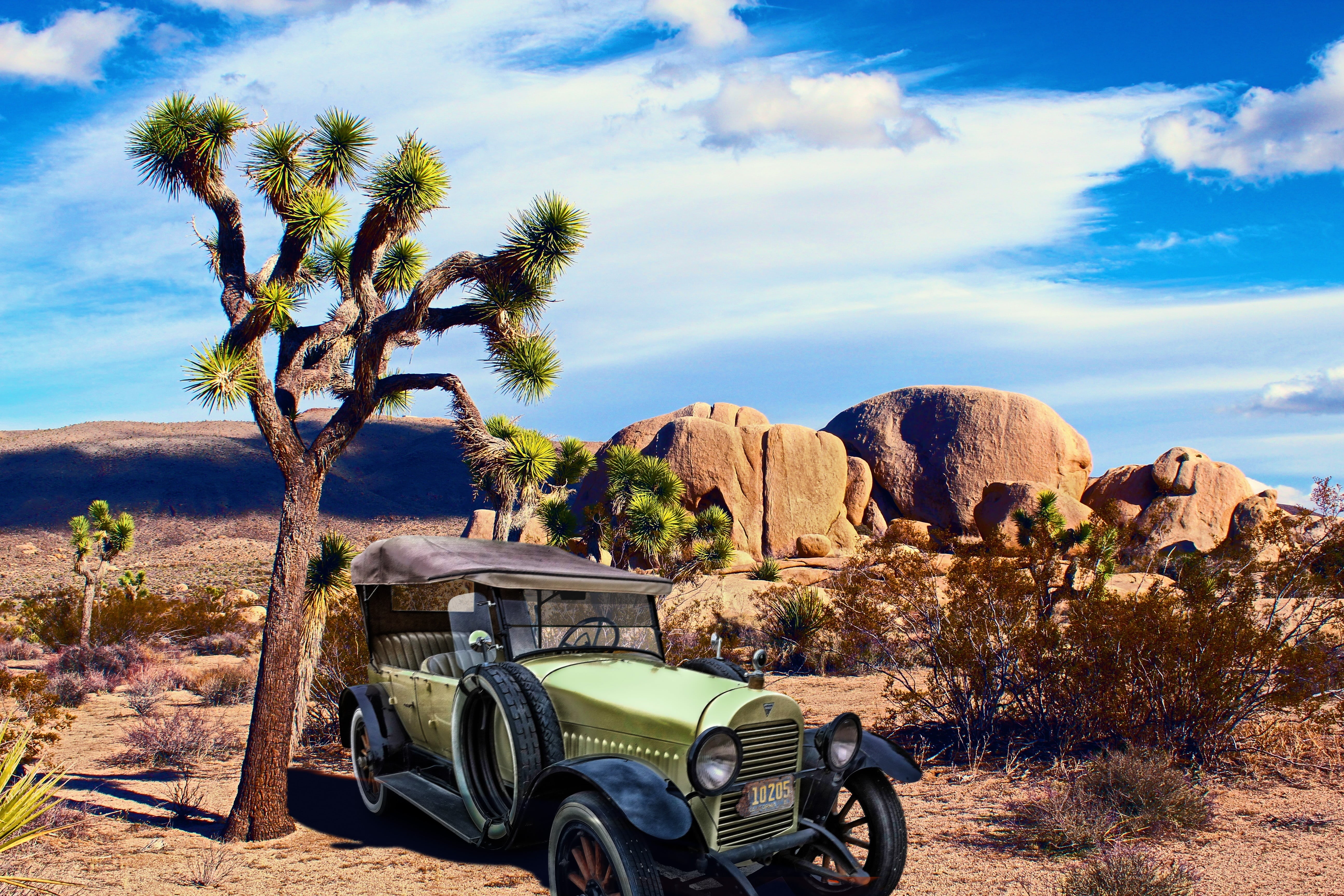 joshua tree, antique, land vehicle, travel, summer, 5K, land, phaeton, retro, ride, rocks, hudson, mojave, imperial valley, day, 1921 phaeton, scene, arid climate, HD Wallpaper