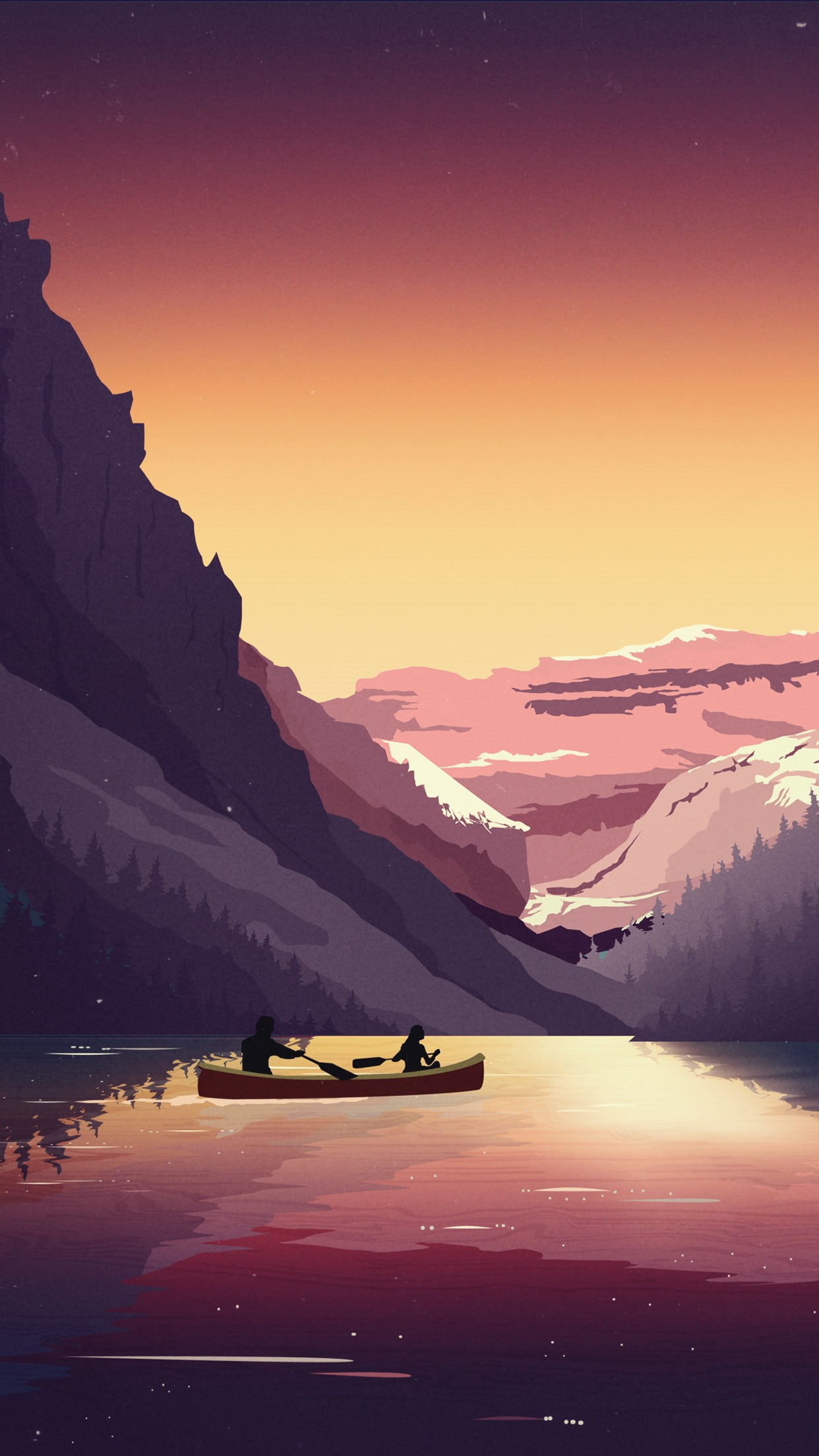 landscape, canoes, snowy peak, water, artwork, evening, mountains, canoeist, drawing, reflection, portrait display, nature, forest, 1080P, digital art, Phone HD Wallpaper