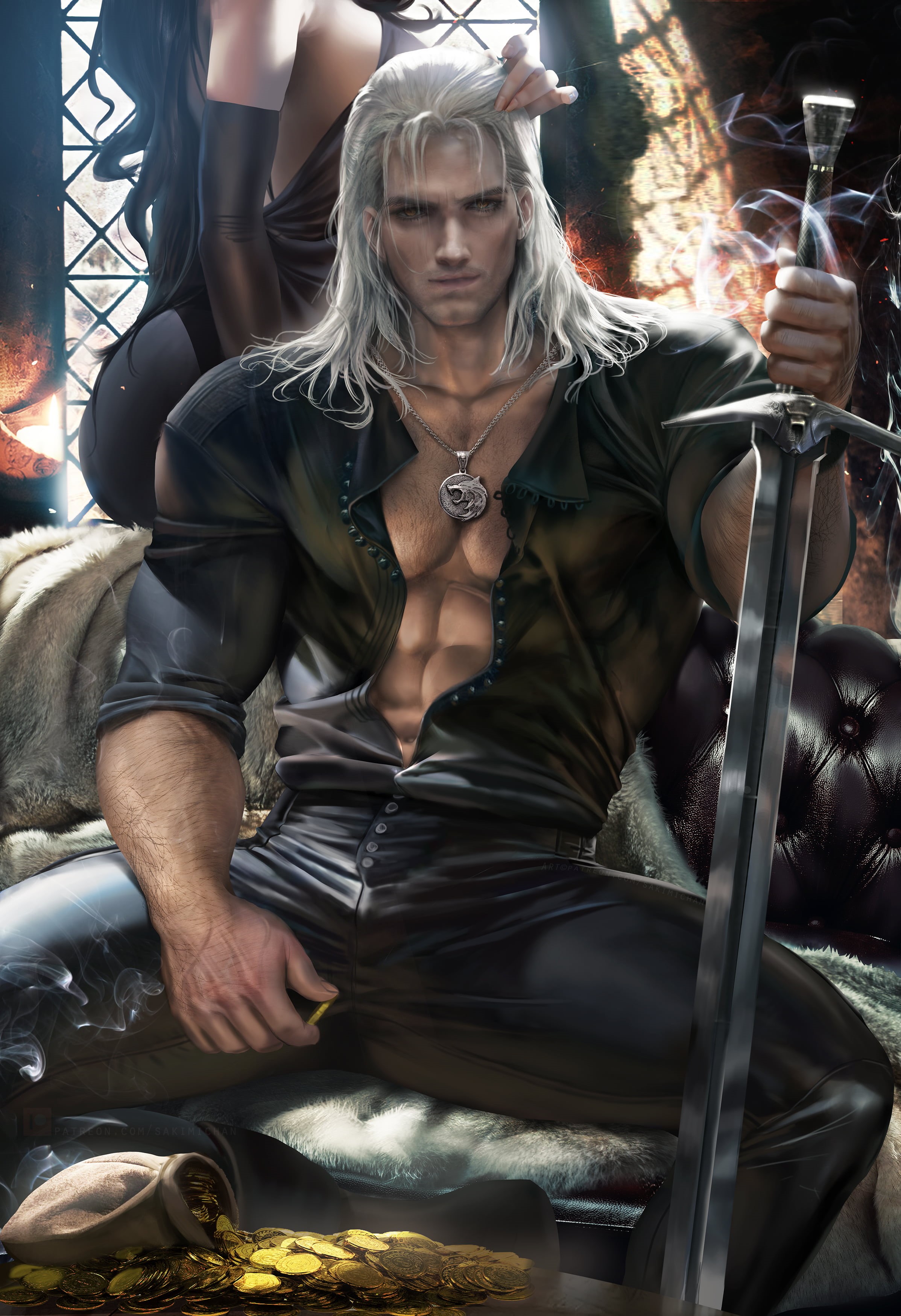 necklace, 2K, shirt, digital art, couch, Yennefer of Vengerberg, yellow eyes, long hair, money, white hair, looking at viewer, artwork, smoke, Geralt of Rivia, Phone HD Wallpaper