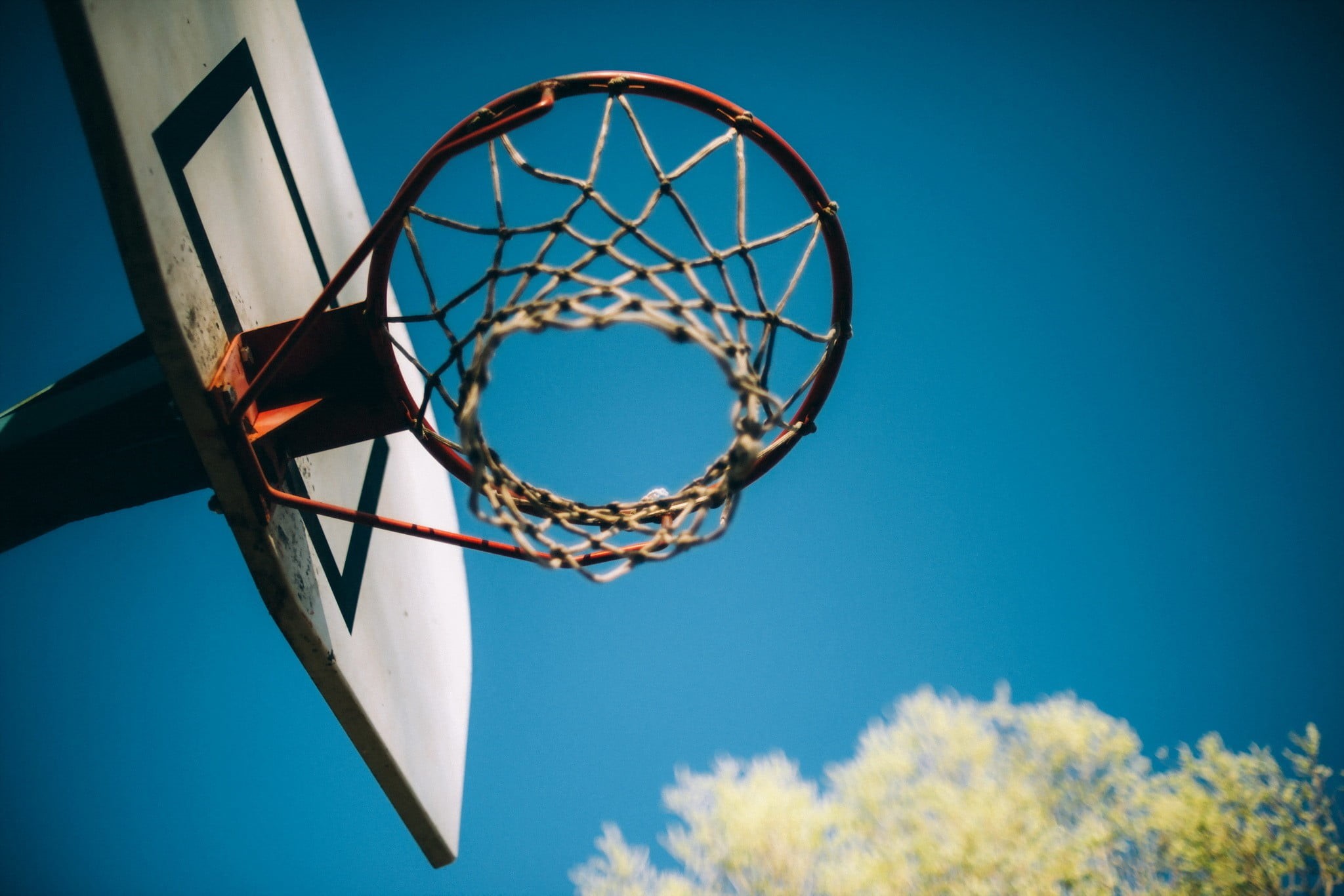 low angle view, leisure games, 1080P, activity, basketball hoop, basketball - sport, blue, day, scoring, motion, sky, clear sky, directly below, nature, HD Wallpaper