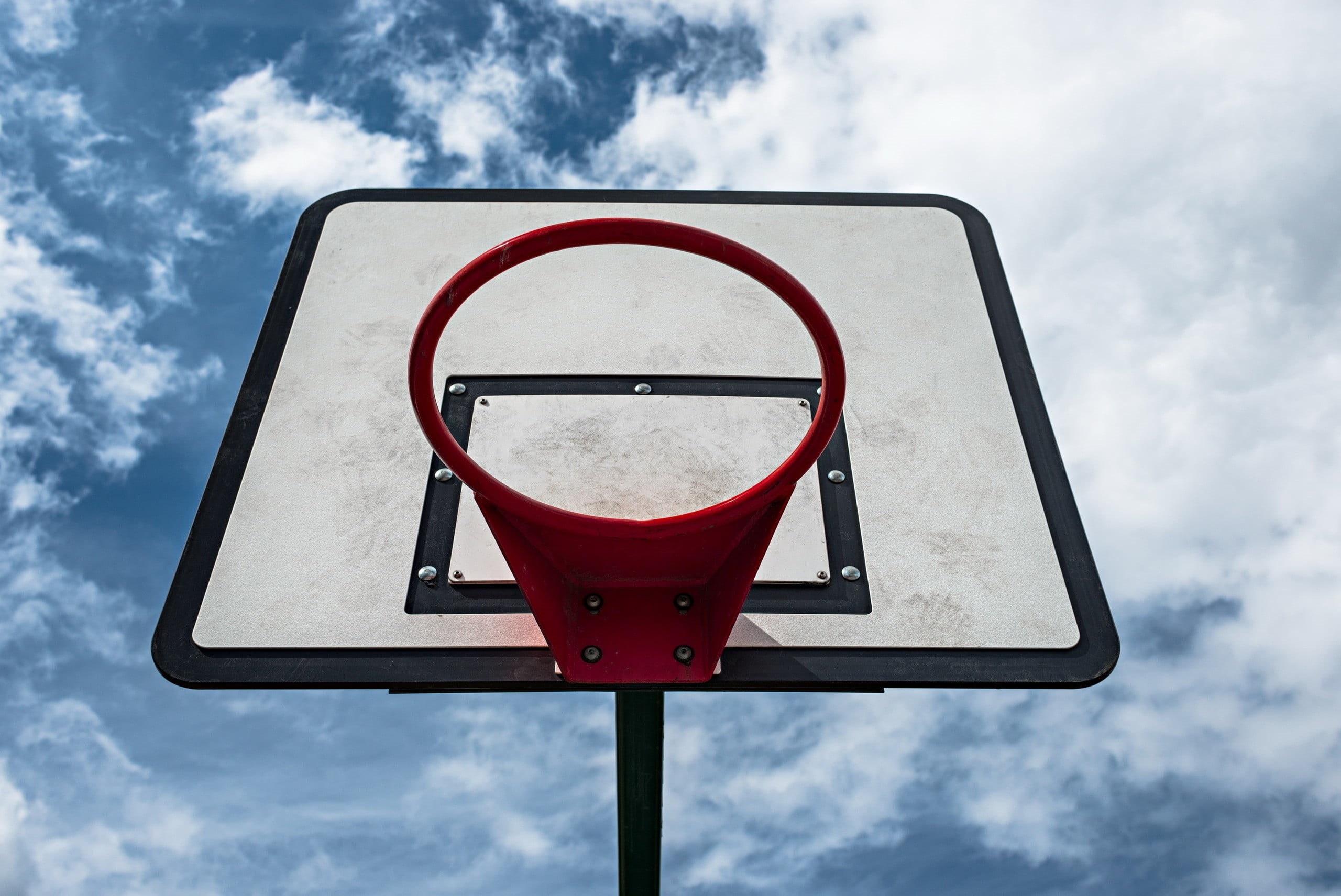 pole, sports, basketball - sport, black, hoop, cloud - sky, outdoors, sport, sign, clouds, red, sky, low angle view, metal, nature, white, sunlight, geometric shape, HD Wallpaper