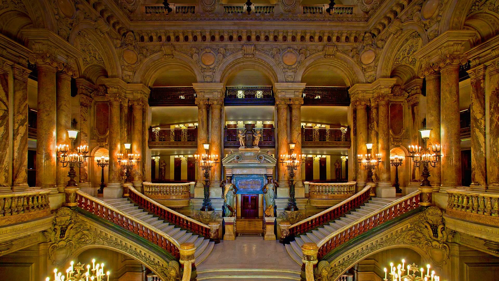 indoors, ladder, travel destinations, building, history, tourism, no people, arch, theatre, stair, Grand Opera, Palais Garnier, night, architectural column, HD Wallpaper