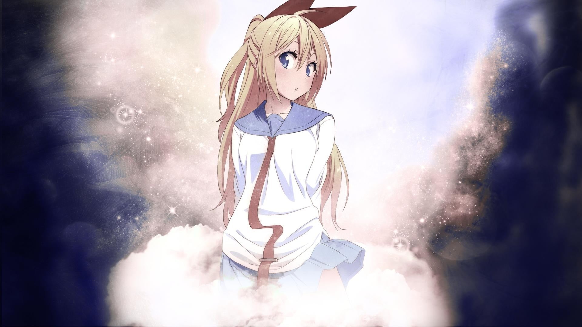 1080P, long hair, one person, cloud - sky, front view, blond hair, nature, young adult, emotion, school uniform, Kirisaki Chitoge, females, portrait, hair ornament, HD Wallpaper
