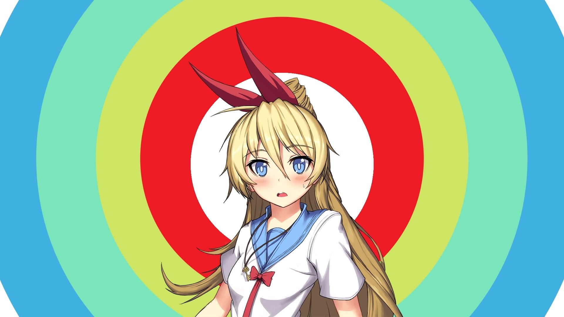 females, school uniform, Kirisaki Chitoge, hairstyle, adult, long hair, blue eyes, circle, art and craft, women, smiling, teenager, multi colored, girls, HD Wallpaper