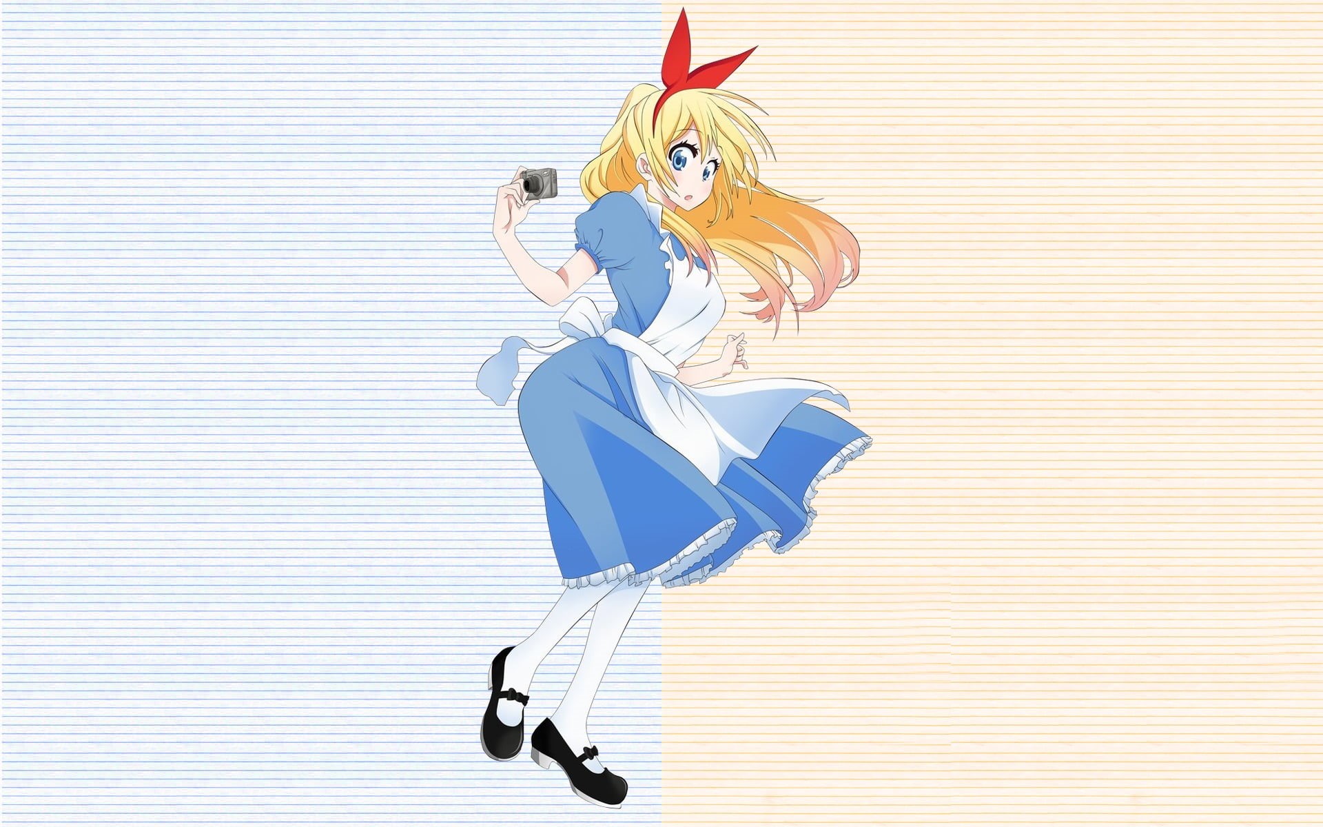 striped, emotion, toy, indoors, cartoon, blue eyes, white color, hair ornament, profile view, blonde, communication, nature, ribbon, Nisekoi, anime, copy space, HD Wallpaper
