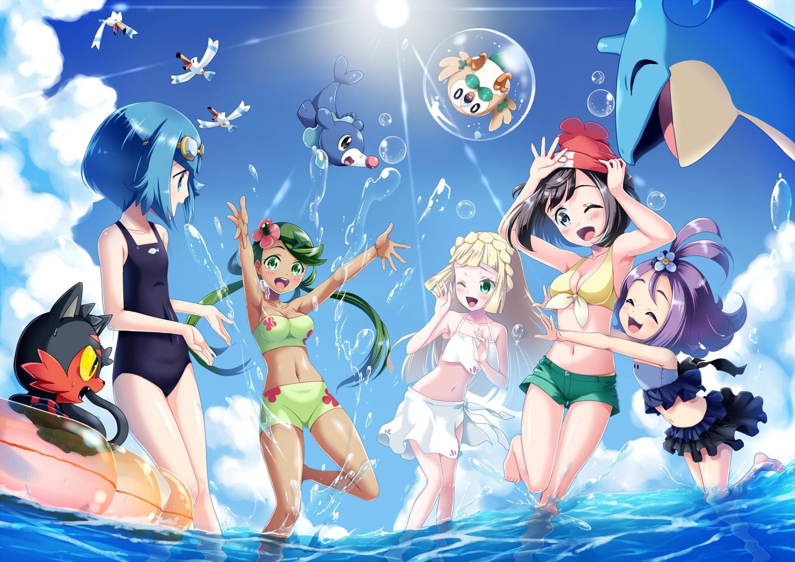Litten (Pokémon), Lapras (Pokémon), Pokémon, Pokémon: Sun and Moon, Lana (Pokémon), Rowlet (Pokémon), Mizuki (Pokémon), Mallow (Pokémon), 720P, Acerola (Pokémon), HD Wallpaper