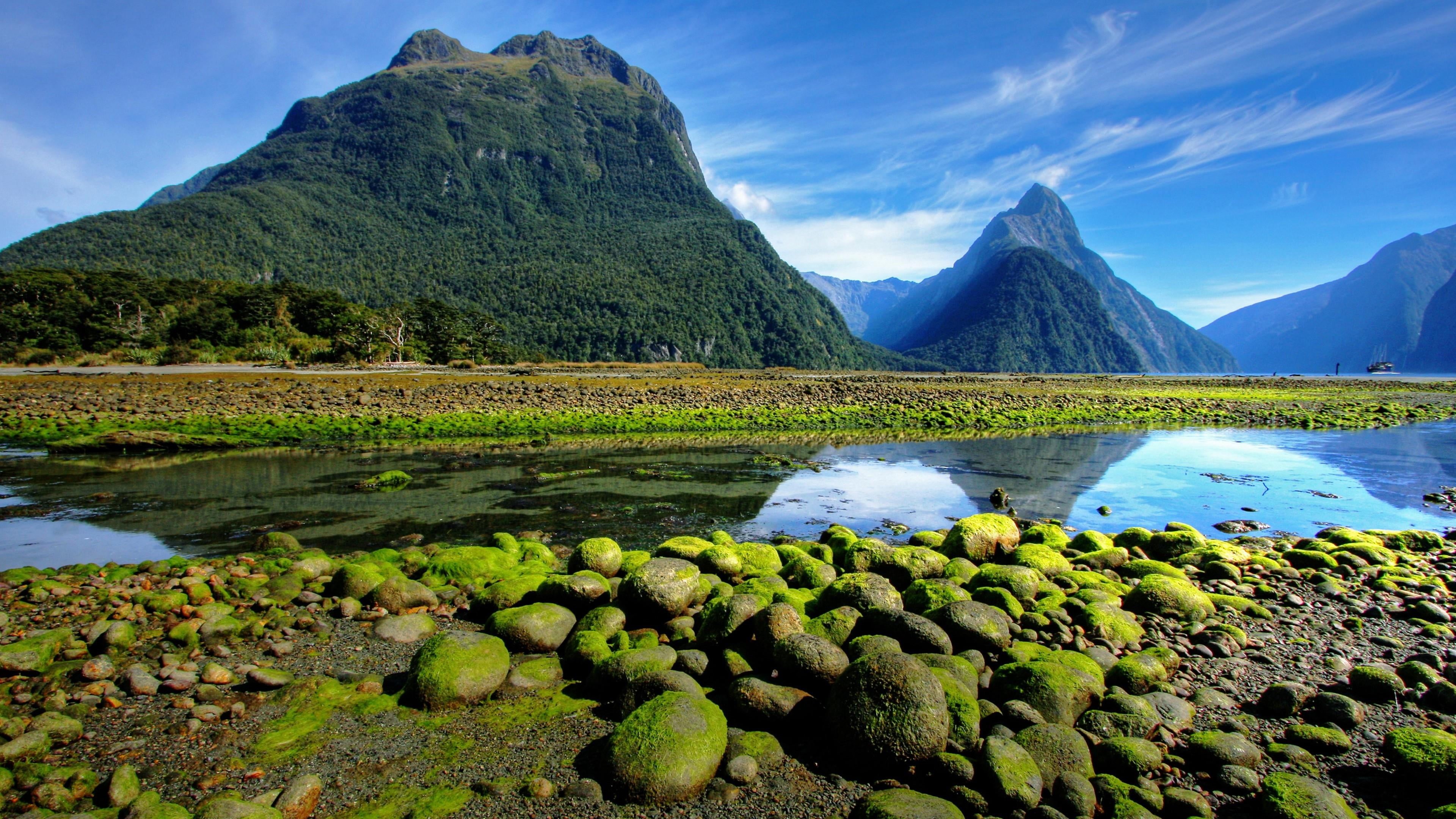 reflection, day, water, sky, mount scenery, fiordland national park, beauty in nature, bank, tranquility, mountain, cloud - sky, landscape, nature, rock, HD Wallpaper