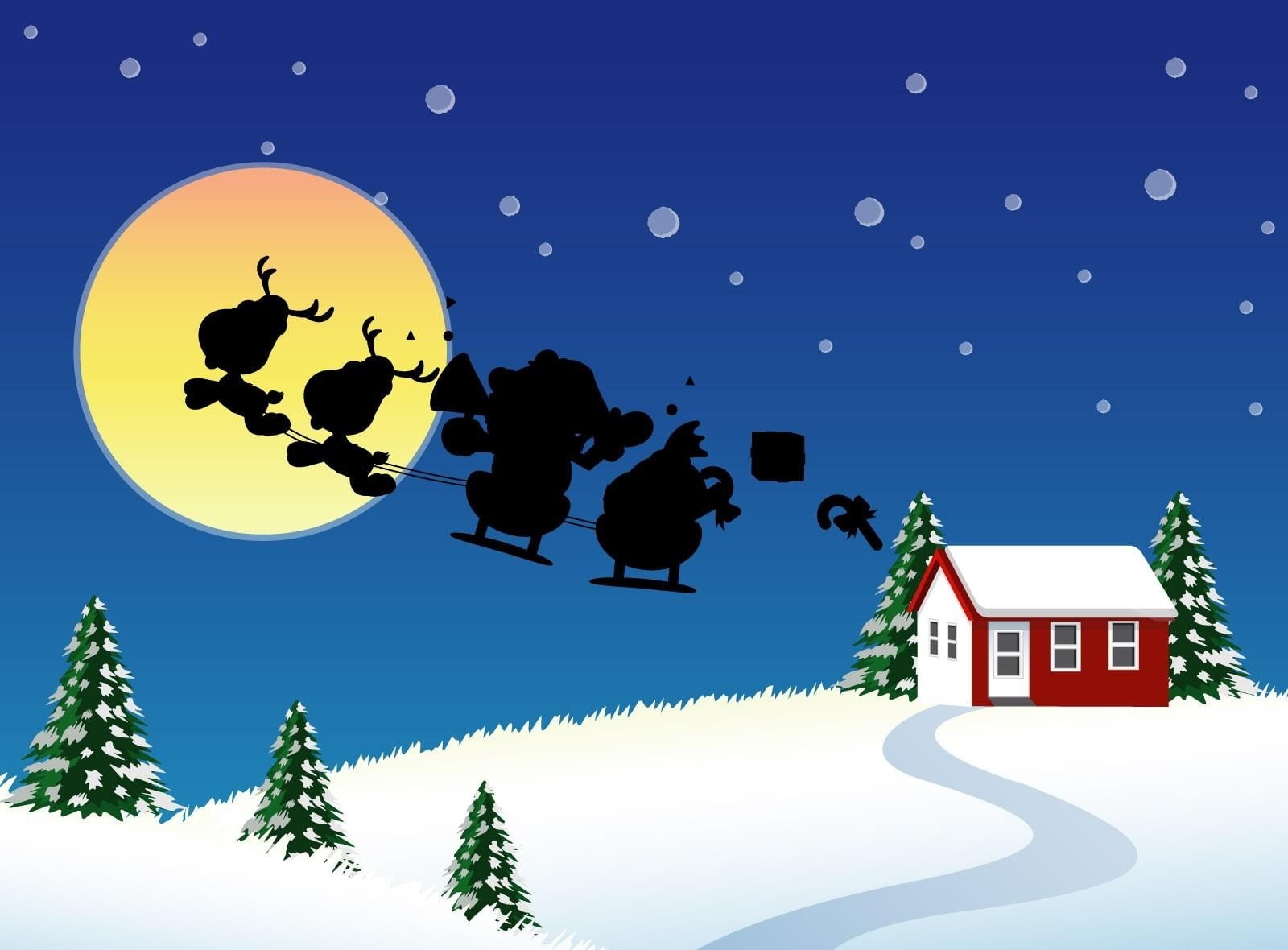 christmas, building, celebration, residential district, holiday, blue, silhouette, cloud - sky, night, sleigh, sport, moon, landscape, house, backgrounds, HD Wallpaper