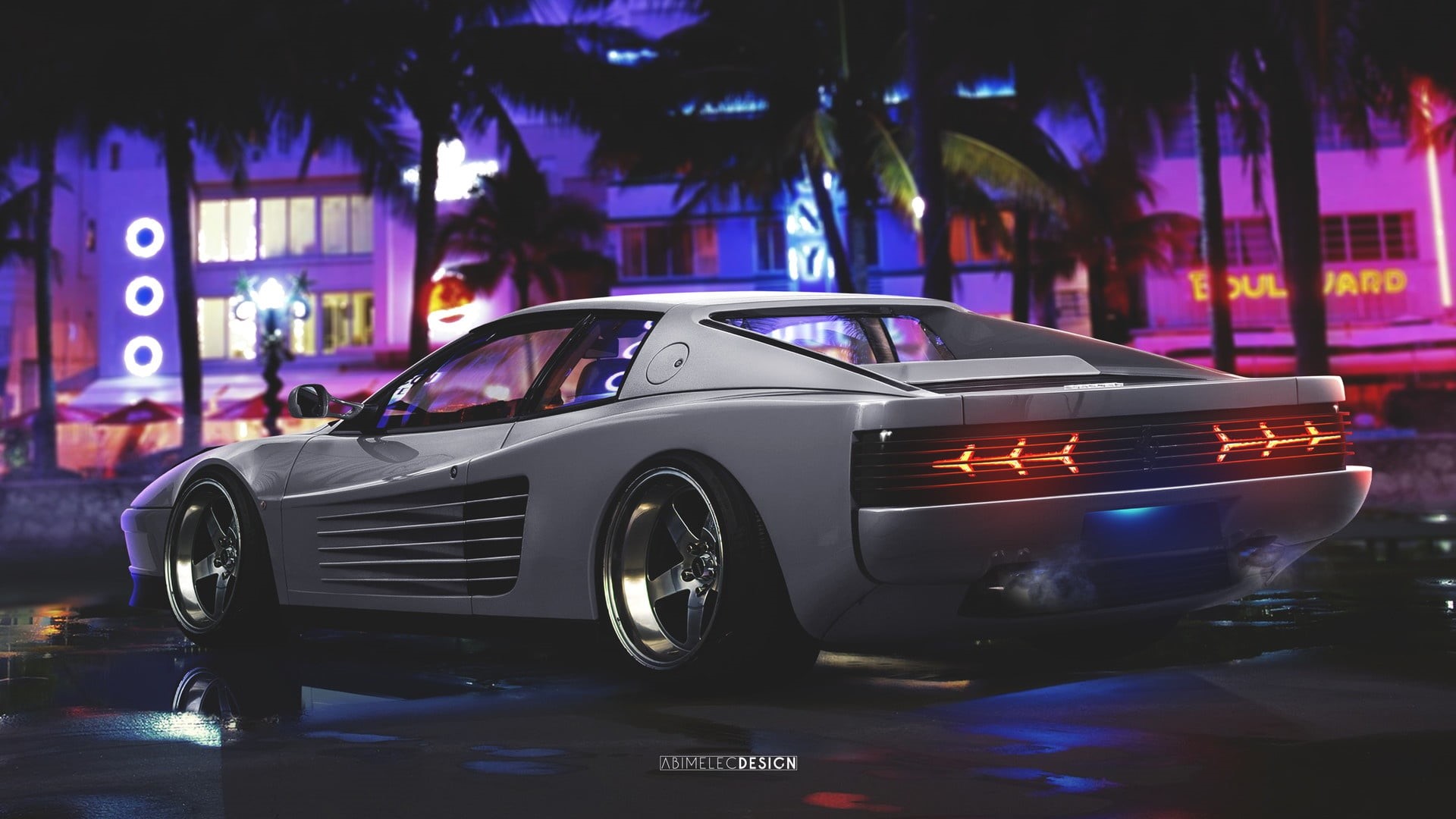 lighting equipment, illuminated, vehicle, city, western script, building exterior, car, mode of transportation, street, no people, Ferrari, night, purple, HD Wallpaper