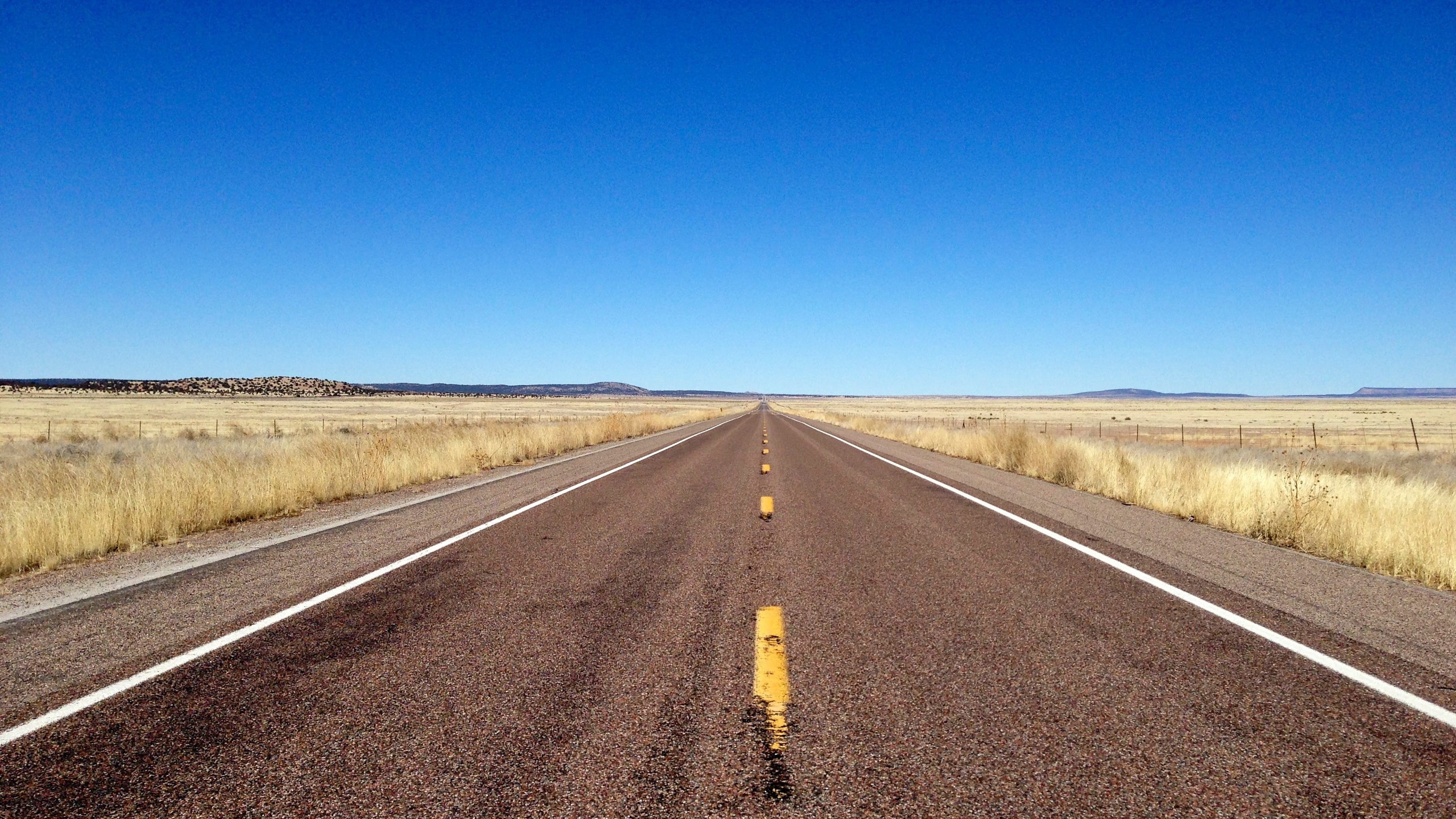 copy space, transportation, landscape, united states, road, day, marking, seligman, route 66, desert, dividing line, blue, environment, outdoors, sky, no people, HD Wallpaper