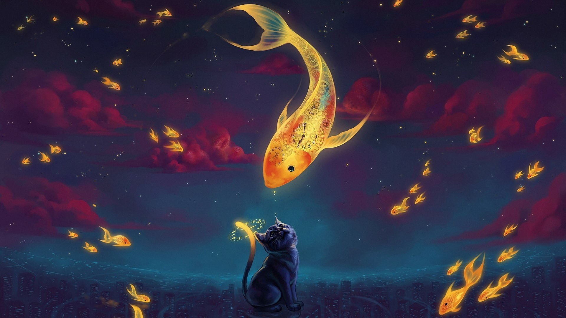 clocks, fish, clockwork, animals, dials, stars, watches, cartoon, digital art, night, fantasy art, 1080P, cat, goldfish, numbers, skyscraper, artwork, HD Wallpaper
