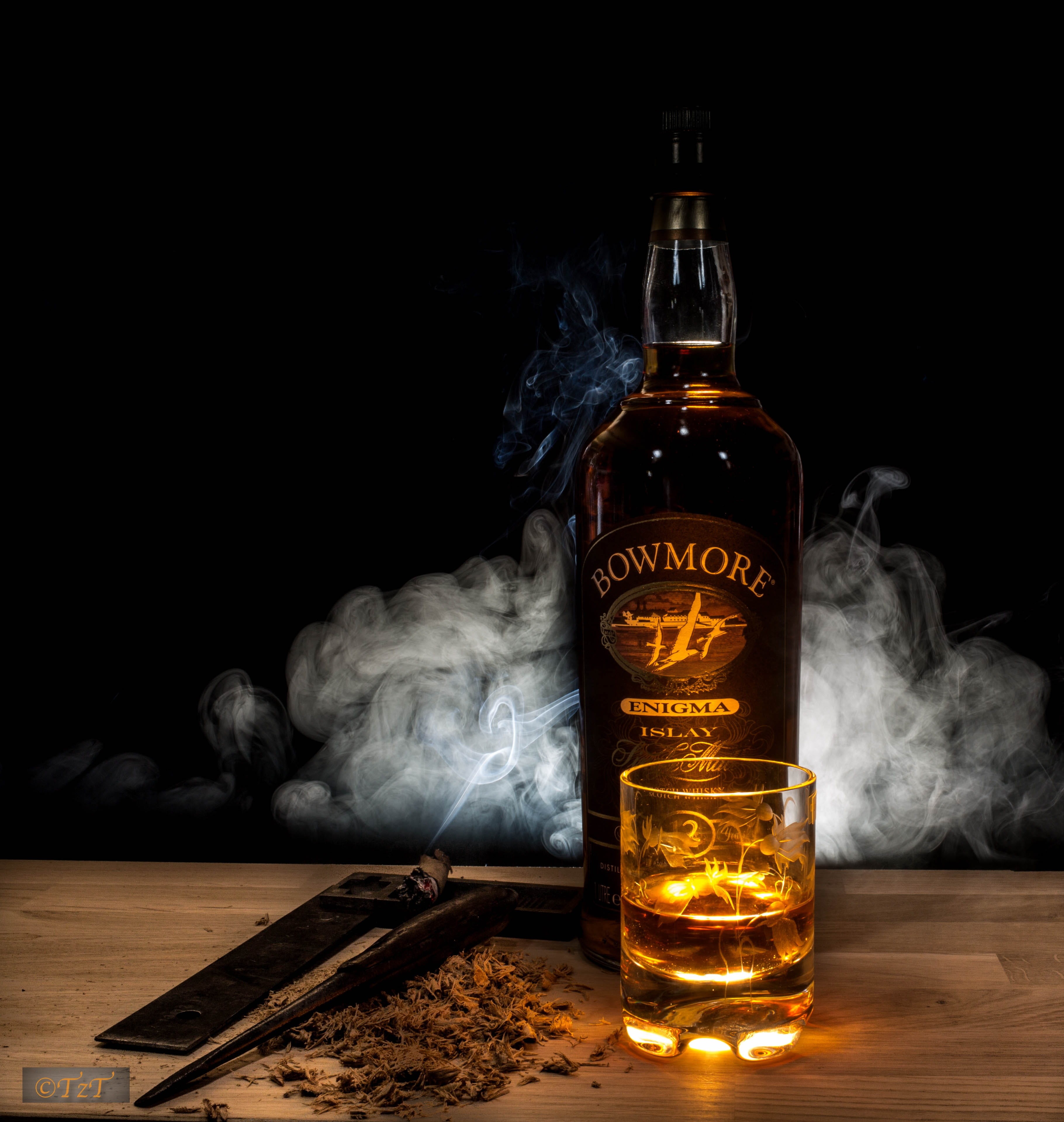 liquor, Bottle, Angle, indoors, food and drink, 4K, black background, container, smoke - physical structure, social issues, still life, table, jar, glass - material, Phone HD Wallpaper
