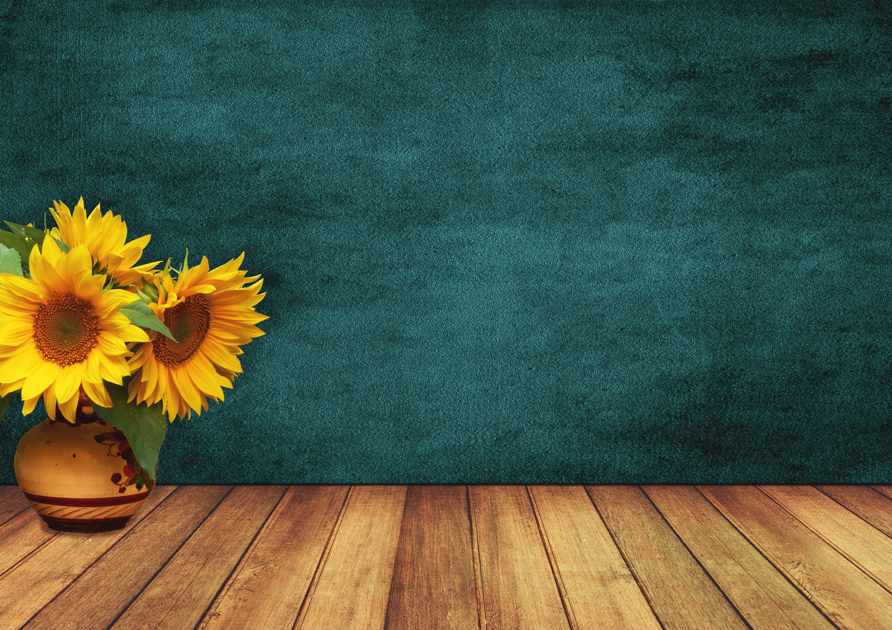 romantic, flowers, vase, wood, flower head, indoors, friendship, no people, template, petal, plant, copy space, still life, nature, space, yellow, turquoise colored, HD Wallpaper