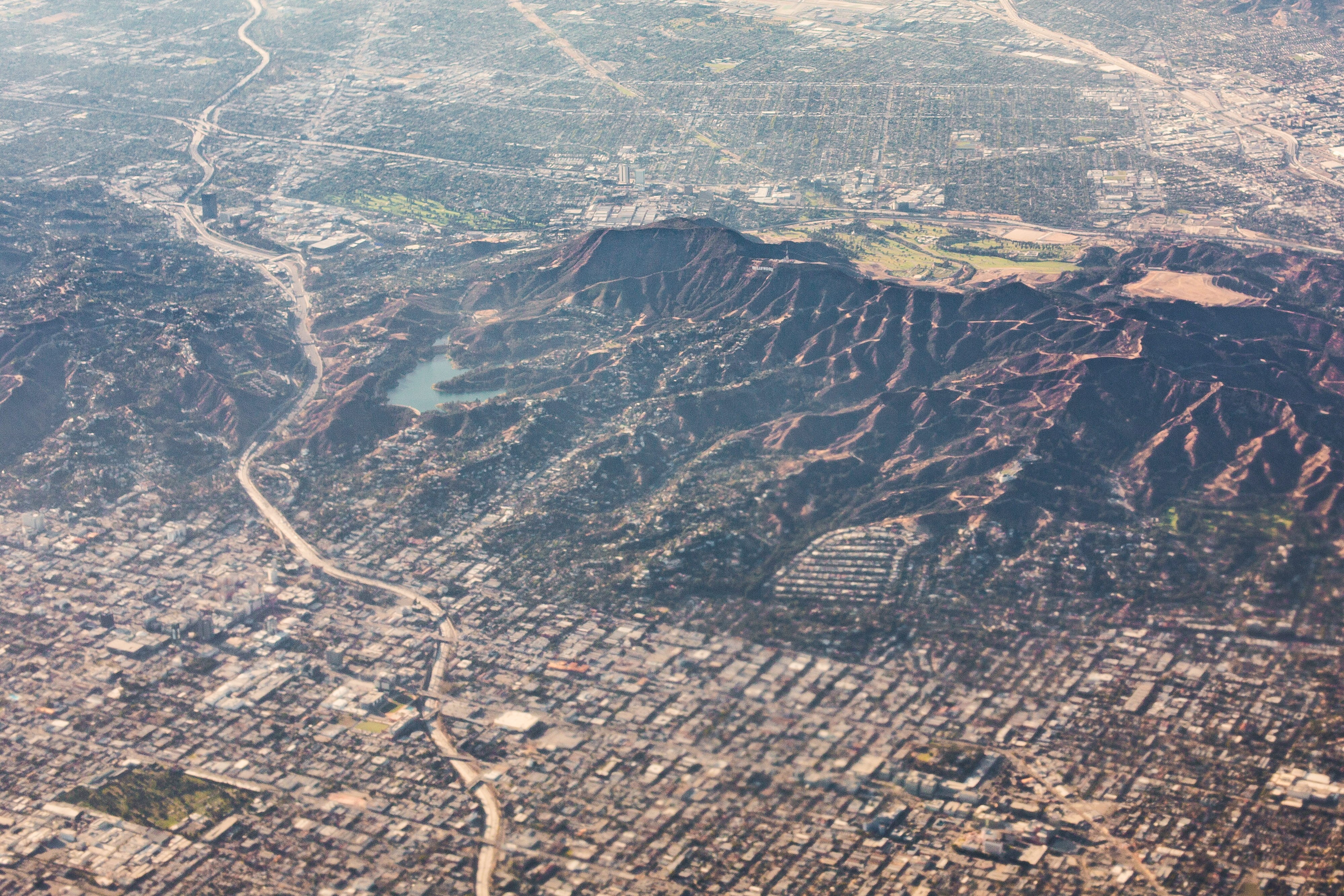 beauty in nature, Hollywood Sign, sign, air Vehicle, high Angle View, scenics - nature, from the plane, Hollywoodland, day, iconic, rural scene, tranquil scene, HD Wallpaper