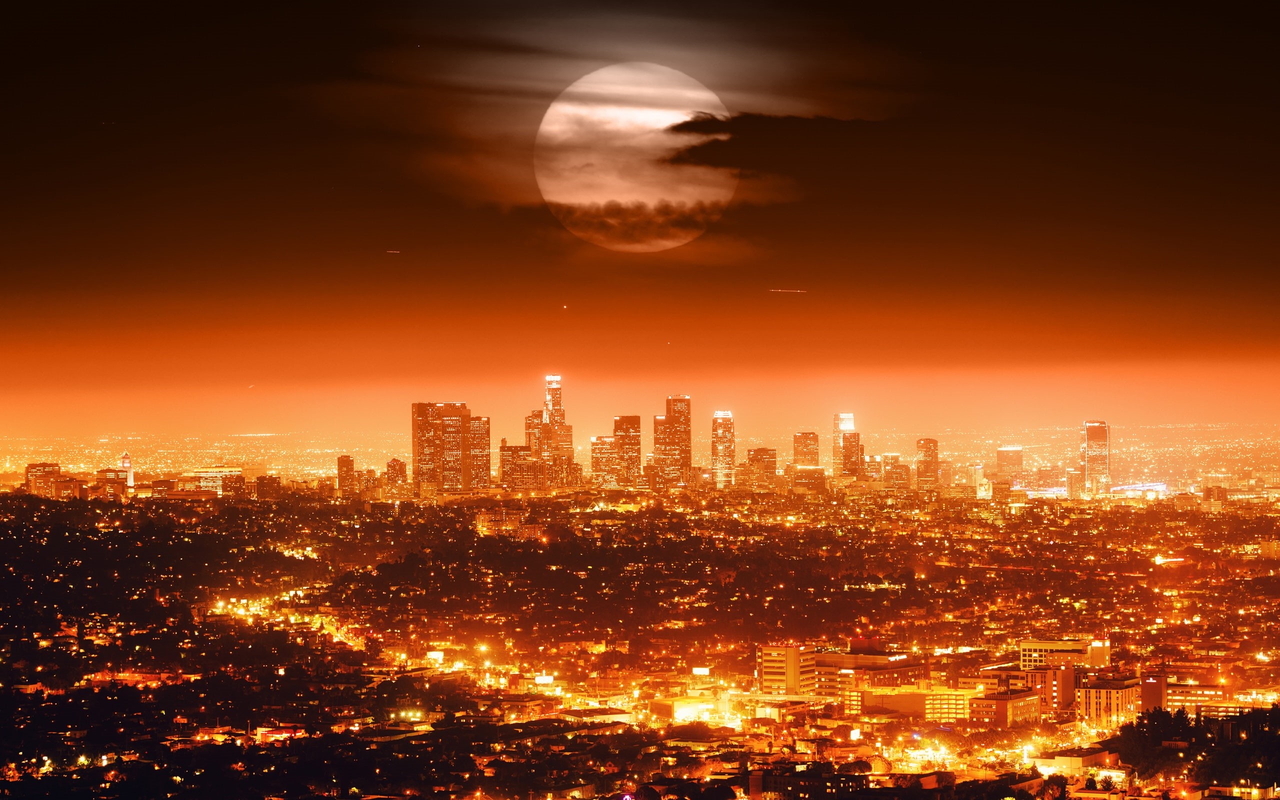 2K, Moon, Cityscapes, cityscape, los, Red, Night, Lights, USA, City, Full, Angeles, illustration, Style, HD Wallpaper