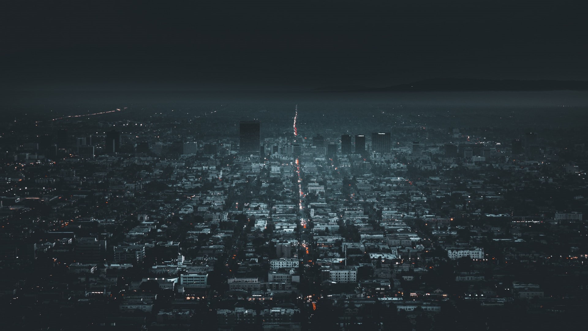 Los Angeles, aerial, California, dark, traffic, cityscape, 1080P, aerial view, lights, night, city, building, HD Wallpaper