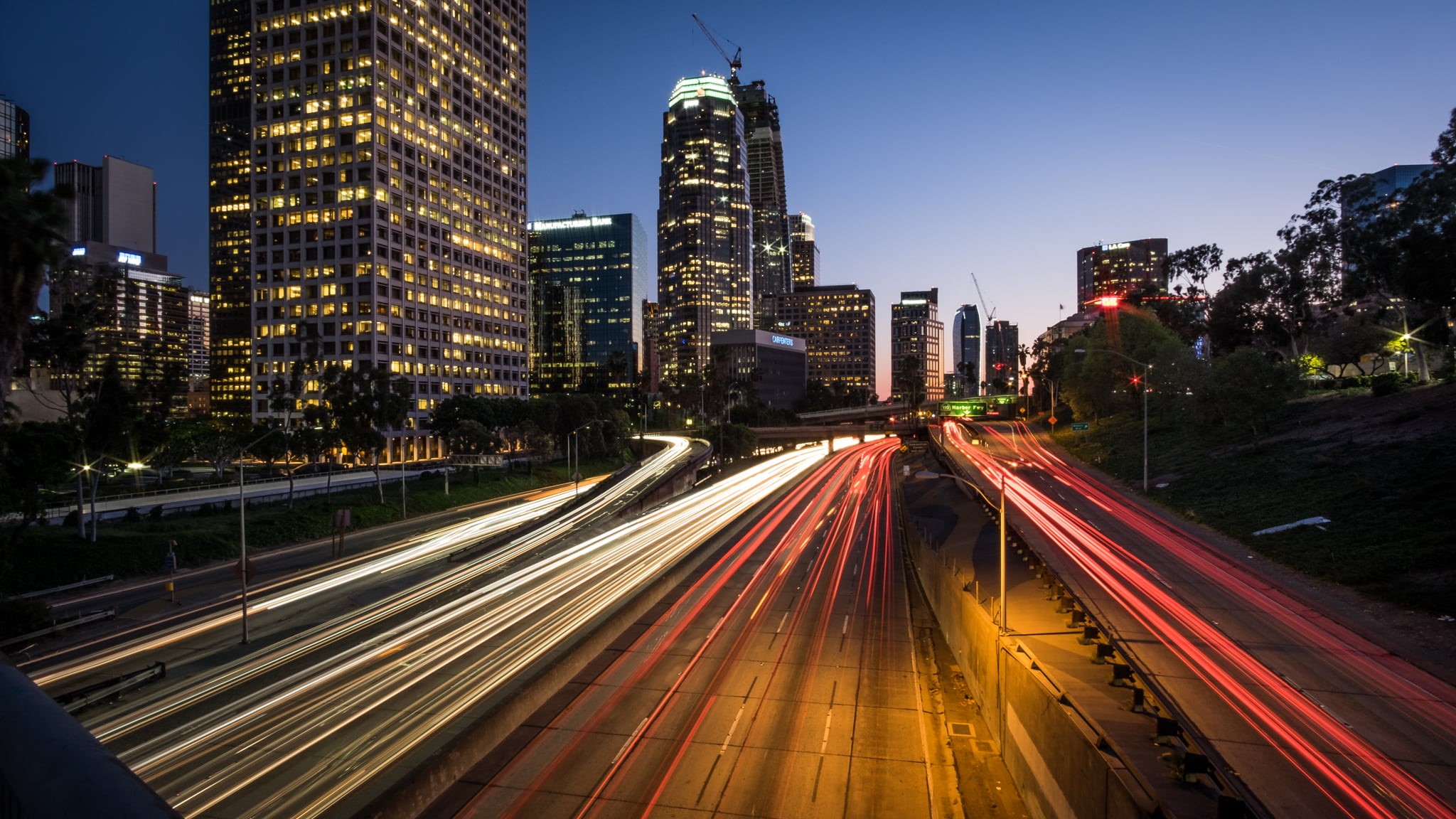 illuminated, fuji, buildings, modern, photography, built Structure, time, street, high-rise buildings, time-lapse, city, angeles, Highway 110, California, HD Wallpaper