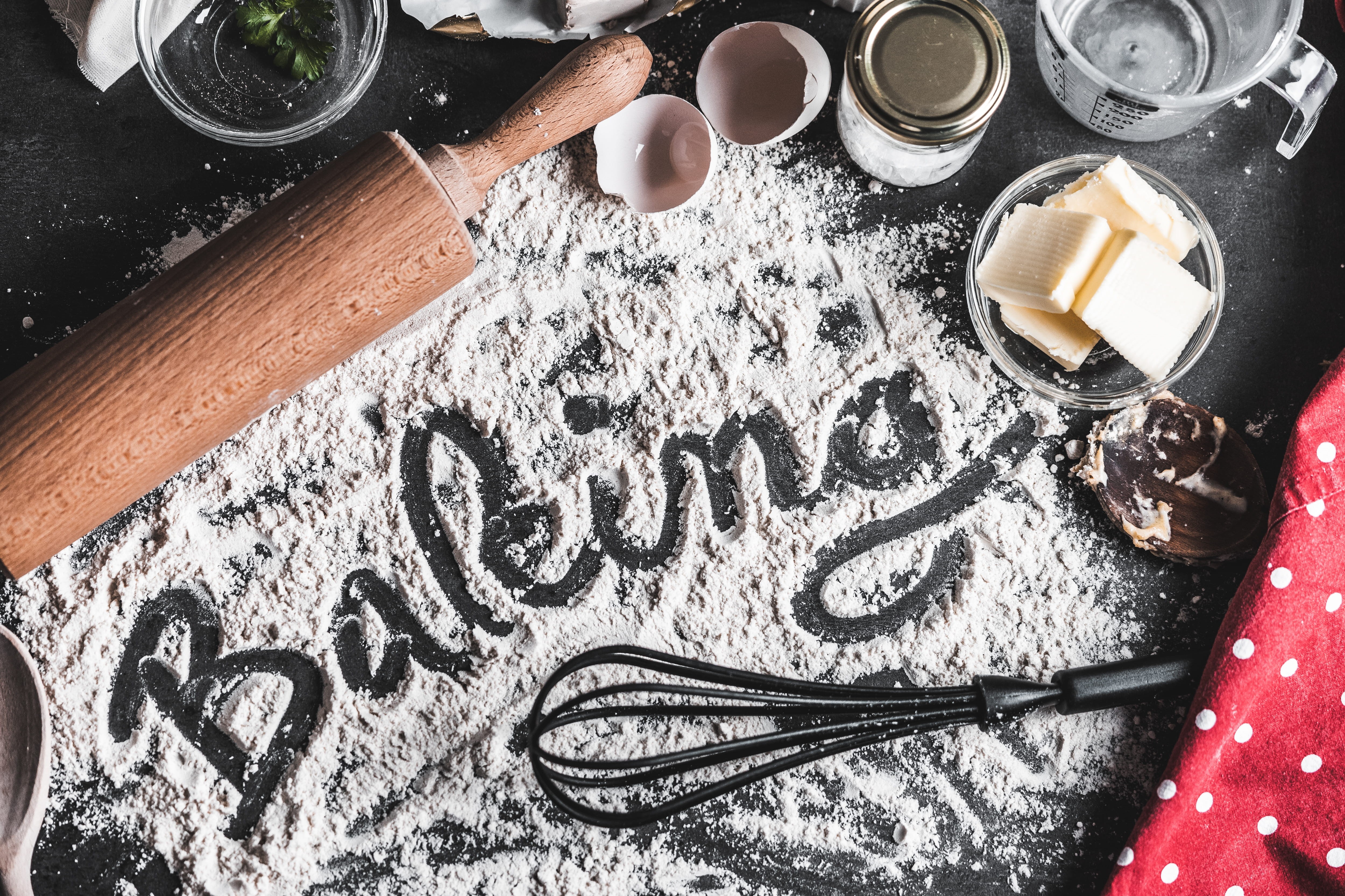 bakery, top, ingredient, foodie, freshness, kitchen utensil, table, butter, indoors, domestic room, egg, eggs, food lettering, homemade, preparation, food and drink, HD Wallpaper