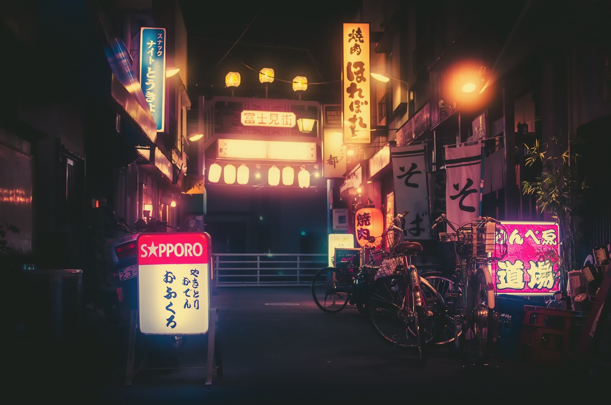 Japan, neon, kanji, bicycle, Sapporo, hiragana, katakana, 1080P, arch, HD Wallpaper