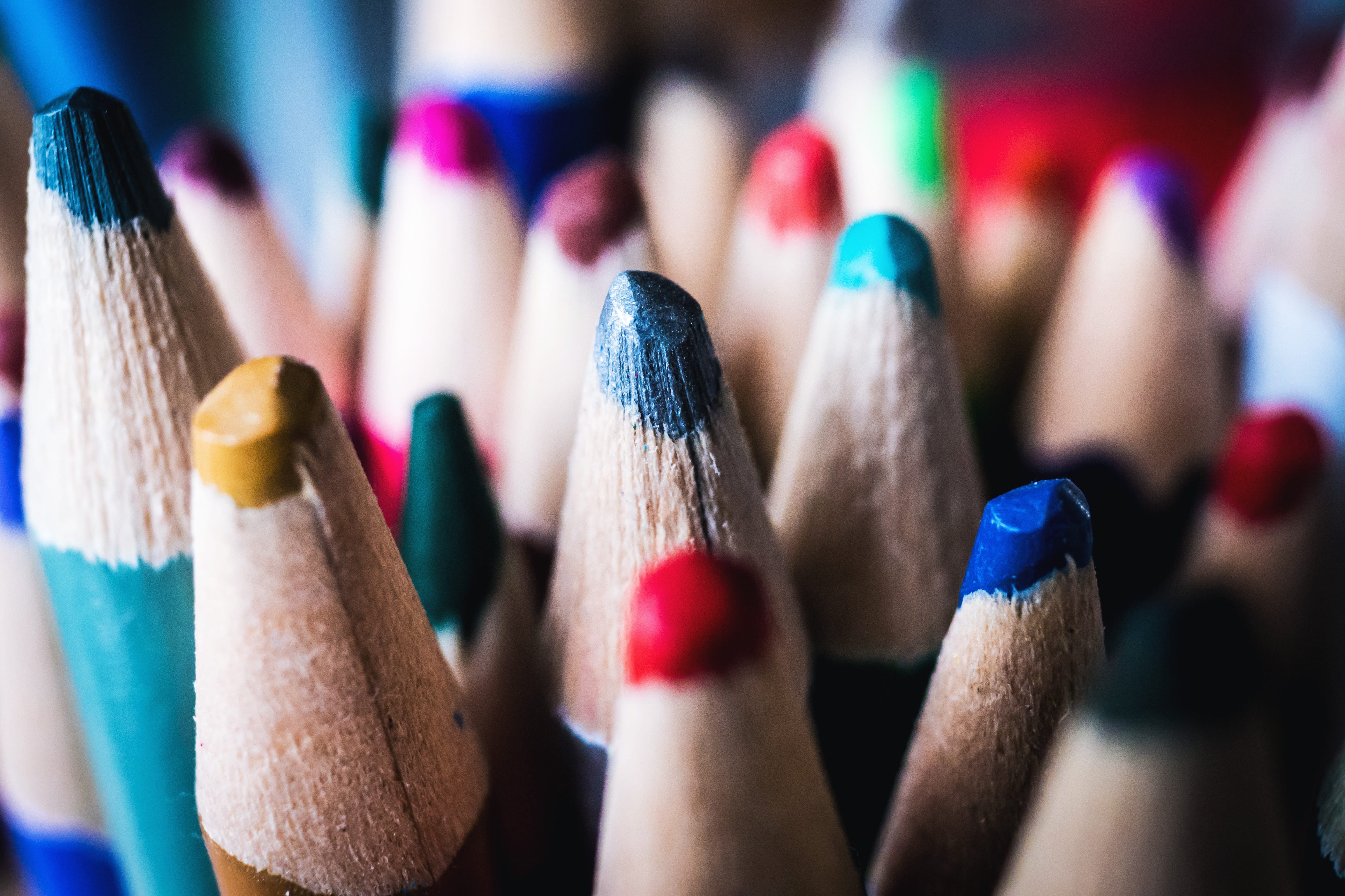 business, colored pencil, 4K, work, no people, large group of objects, study, art, creativity, selective focus, yellow, education, backgrounds, pencils, HD Wallpaper