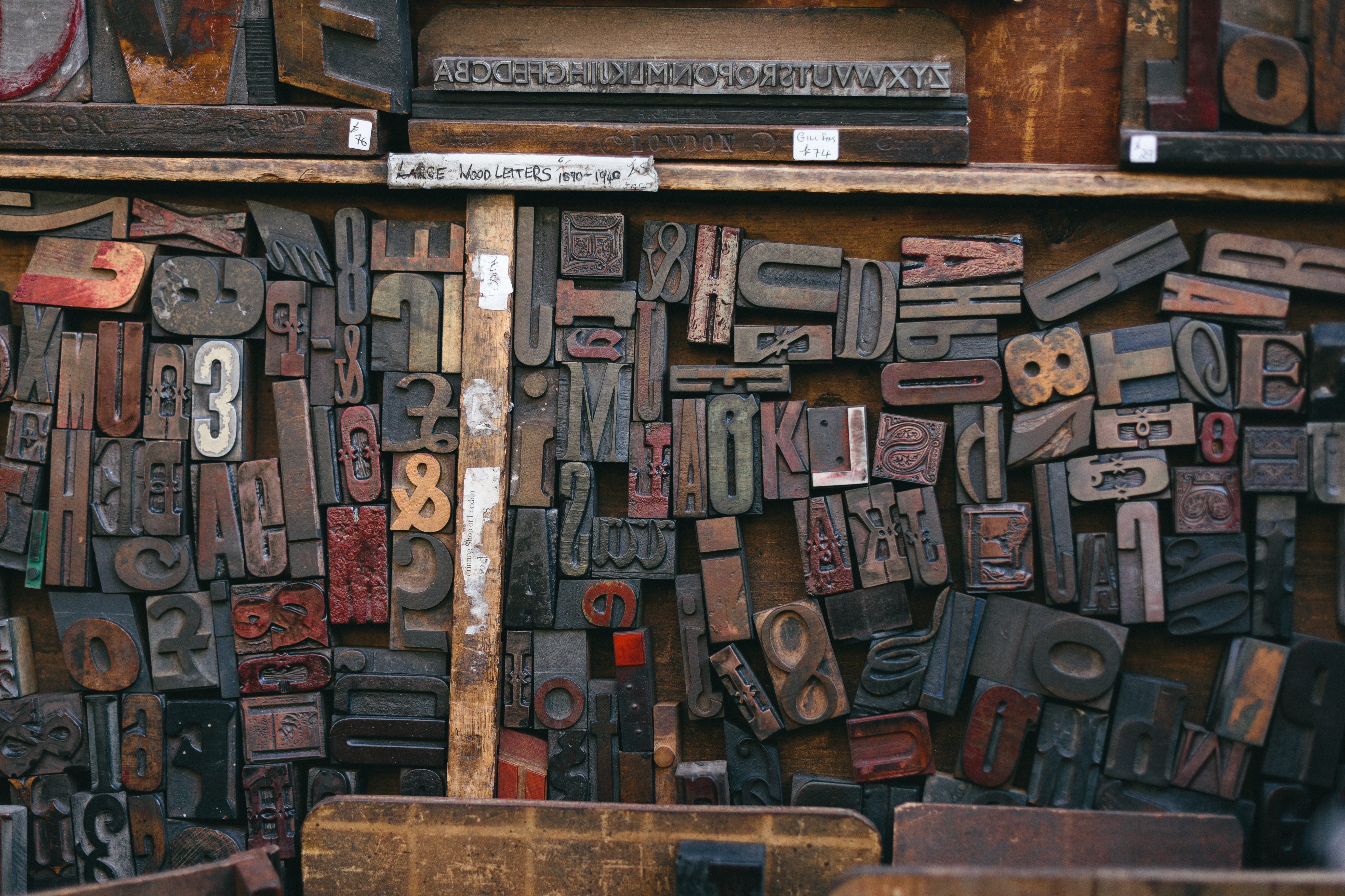 print, letter, font, backgrounds, wood type, abundance, day, publish, grunge, stained, no people, old, full frame, shelf, graphic design, vintage, grain, HD Wallpaper