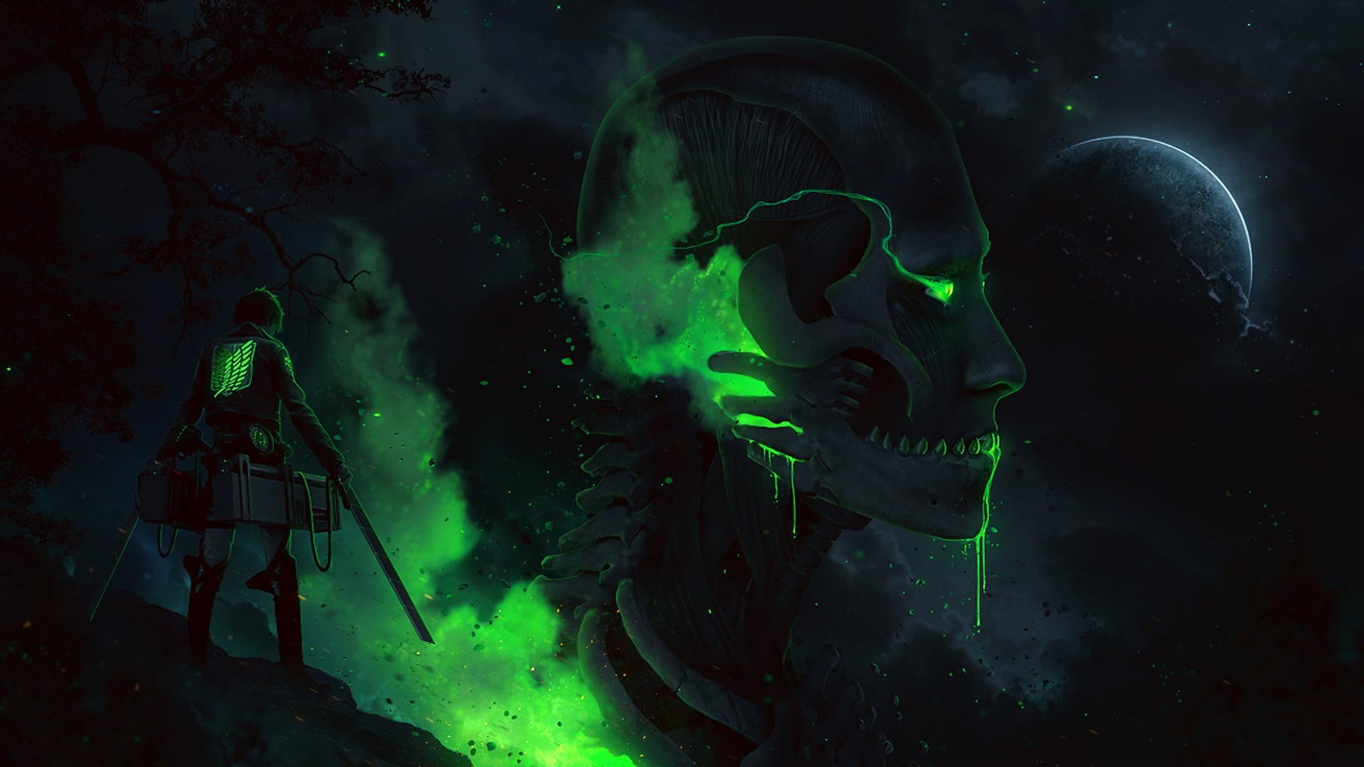 human, mystery, spooky, horror, digital composite, night, underwater, Shingeki no Kyojin, fantasy, studio shot, one person, water, face, sea, green color, HD Wallpaper