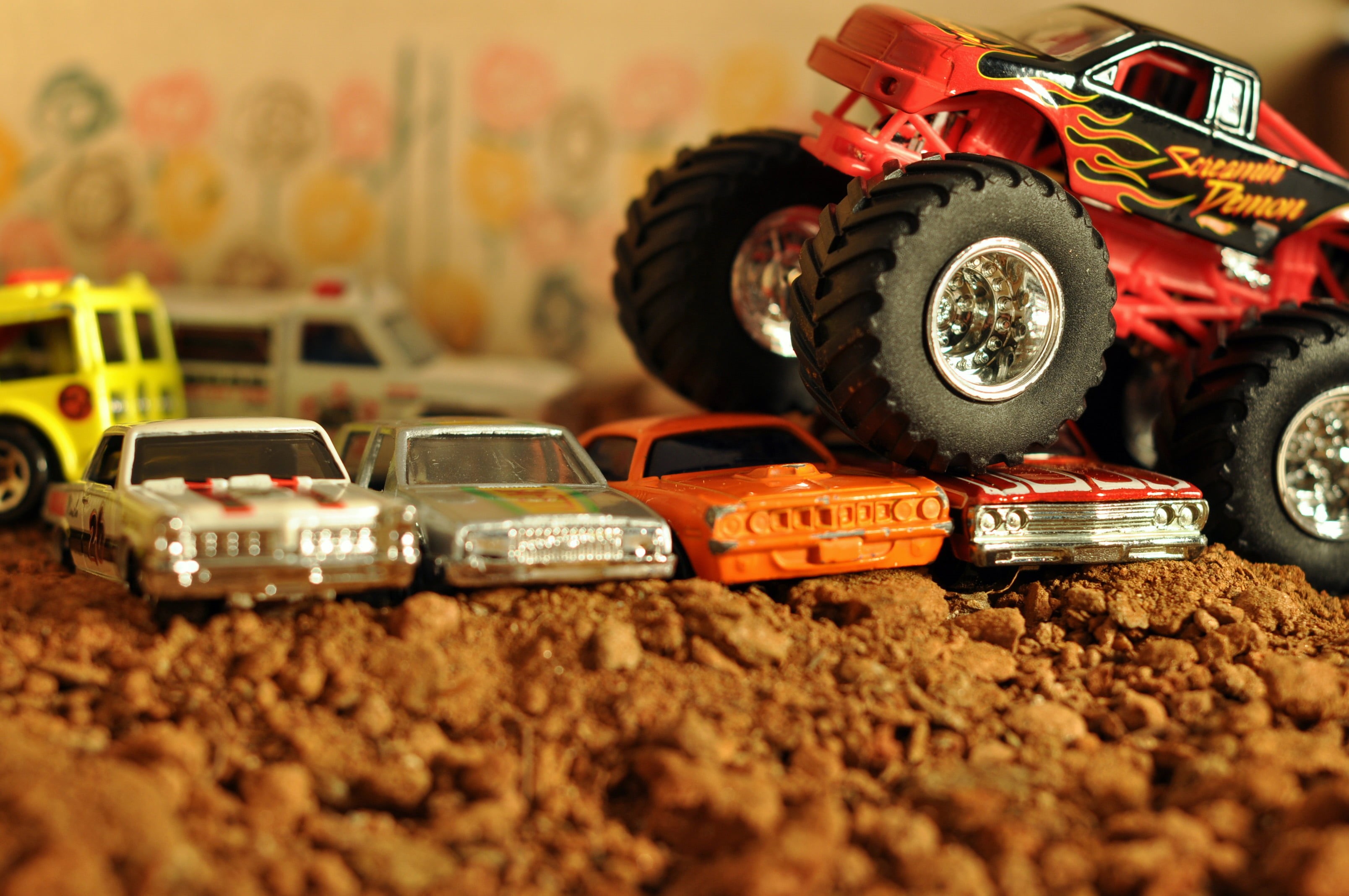 assorted, transportation, competition, monster trucks, toy, surface level, sports race, 2K, selective focus, vehicle, motor vehicle, speed, toys, land vehicle, HD Wallpaper