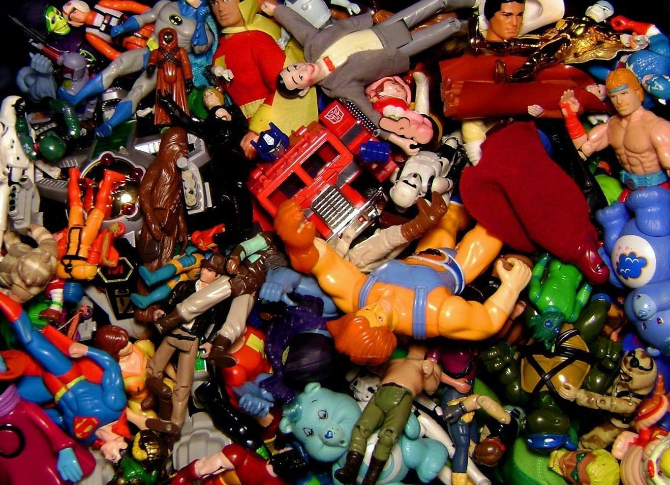720P, lot, heap, no people, 1980s, toy, ThunderCats, Superman, Chewbacca, high angle view, multi colored, G.I. Joe, still life, indoors, plastic, Indiana Jones, HD Wallpaper