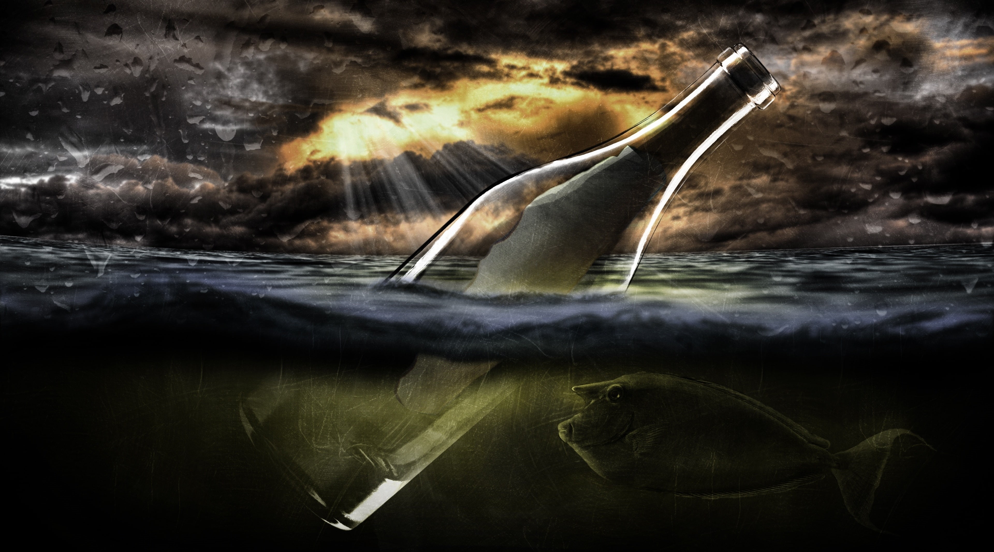 Clouds, 4K, Underwater, message, messageinabottle, Water, Wave, Ocean, Forward, Bottle, Creative, Aero, cloudiness, Light, Fish, Mood, HD Wallpaper