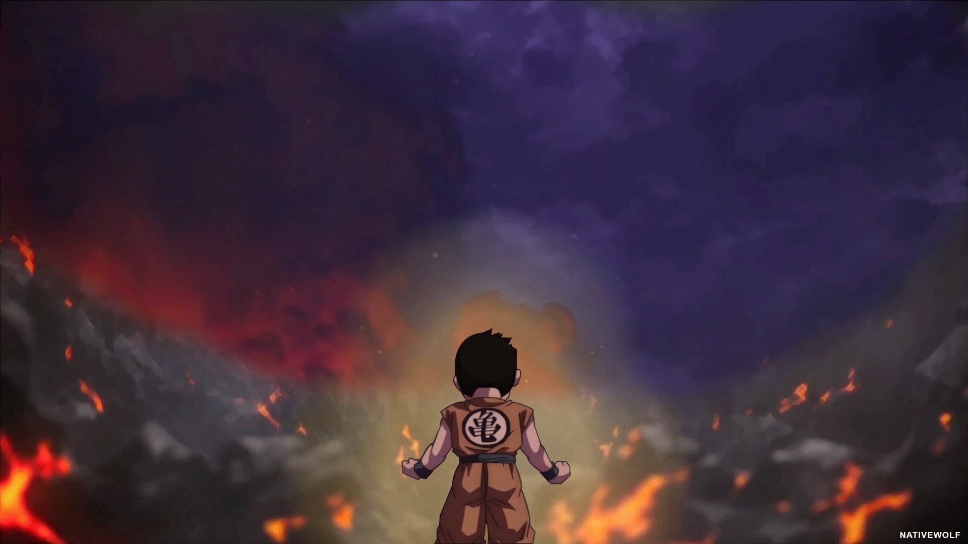 crowd, Krillin, dragon, ball, Destroyer, standing, illuminated, digital, Dragon Ball GT, outdoors, rear view, burning, son, goku, Dragon Ball, rock, 1080P, HD Wallpaper