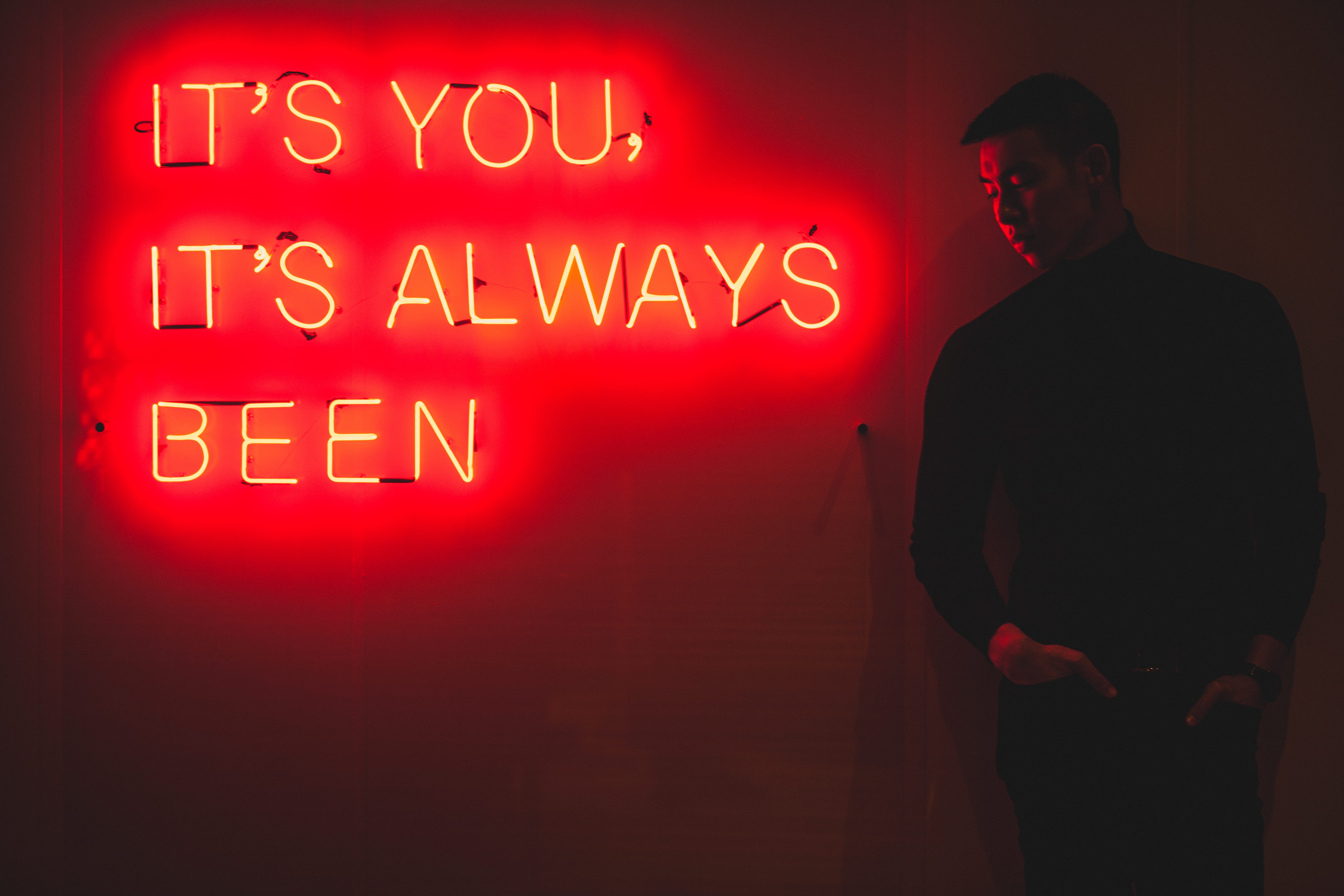 dark, standing, one person, lifestyles, beside, neon, men, casual clothing, person, red, night, communication, illuminated, man, western script, sign, leisure activity, HD Wallpaper