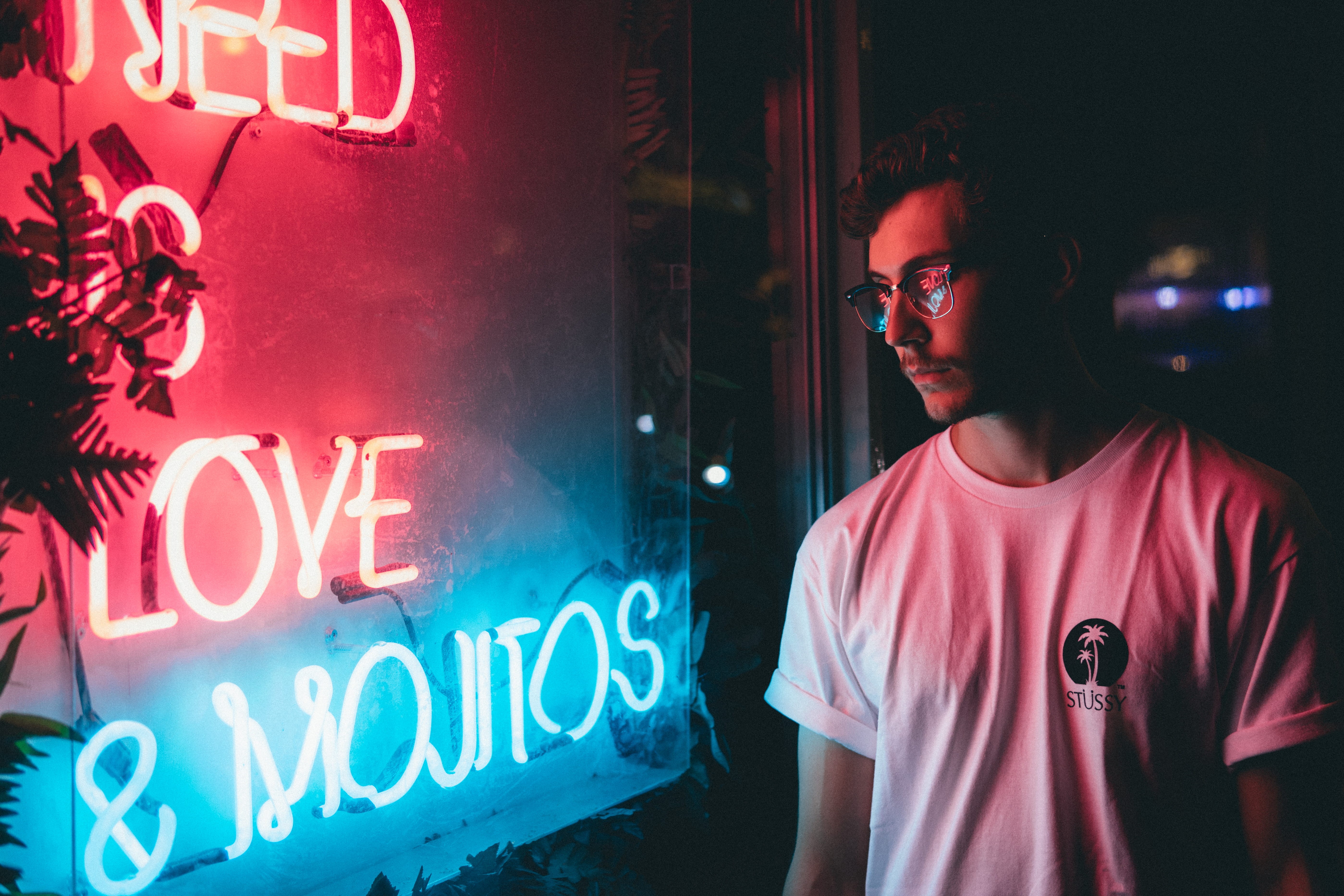 young adult, adult, standing, city light, communication, streetscape, outdoors, alone, light, signage, tree, nightlife, pink, glass, 5K, portrait, young men, HD Wallpaper