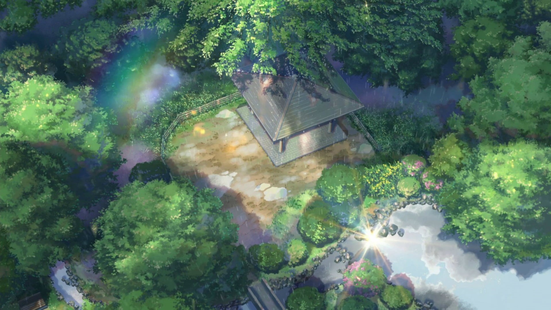 reflection, plant, Makoto Shinkai, outdoors, beauty in nature, Garden of fine words, sunbeam, high angle view, tranquility, cloud - sky, Park, HD Wallpaper