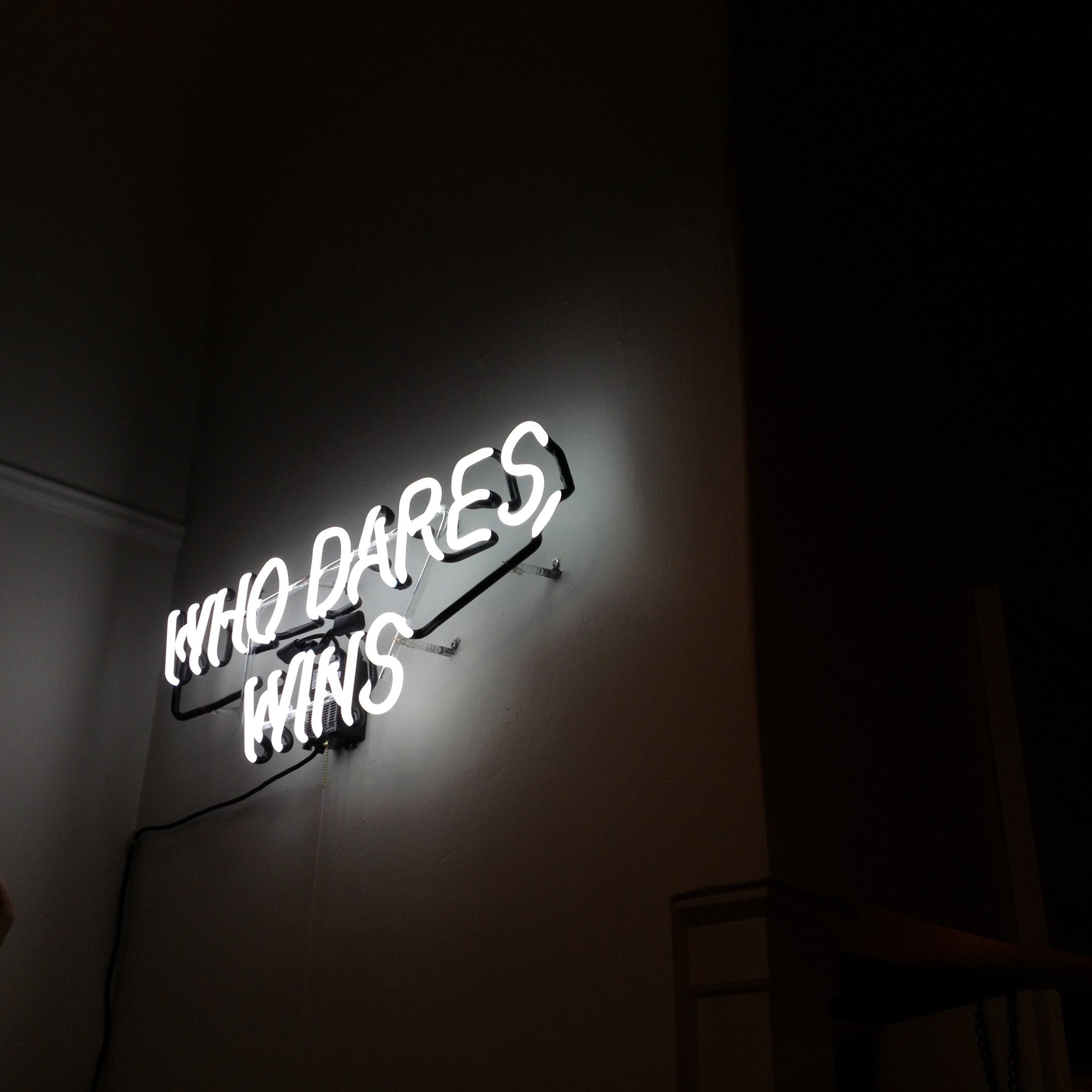 no people, wins, lighting equipment, illuminated, dared, nightlife, glowing, bw, sign, copy space, western script, night, motivation, low angle view, architecture, Phone HD Wallpaper