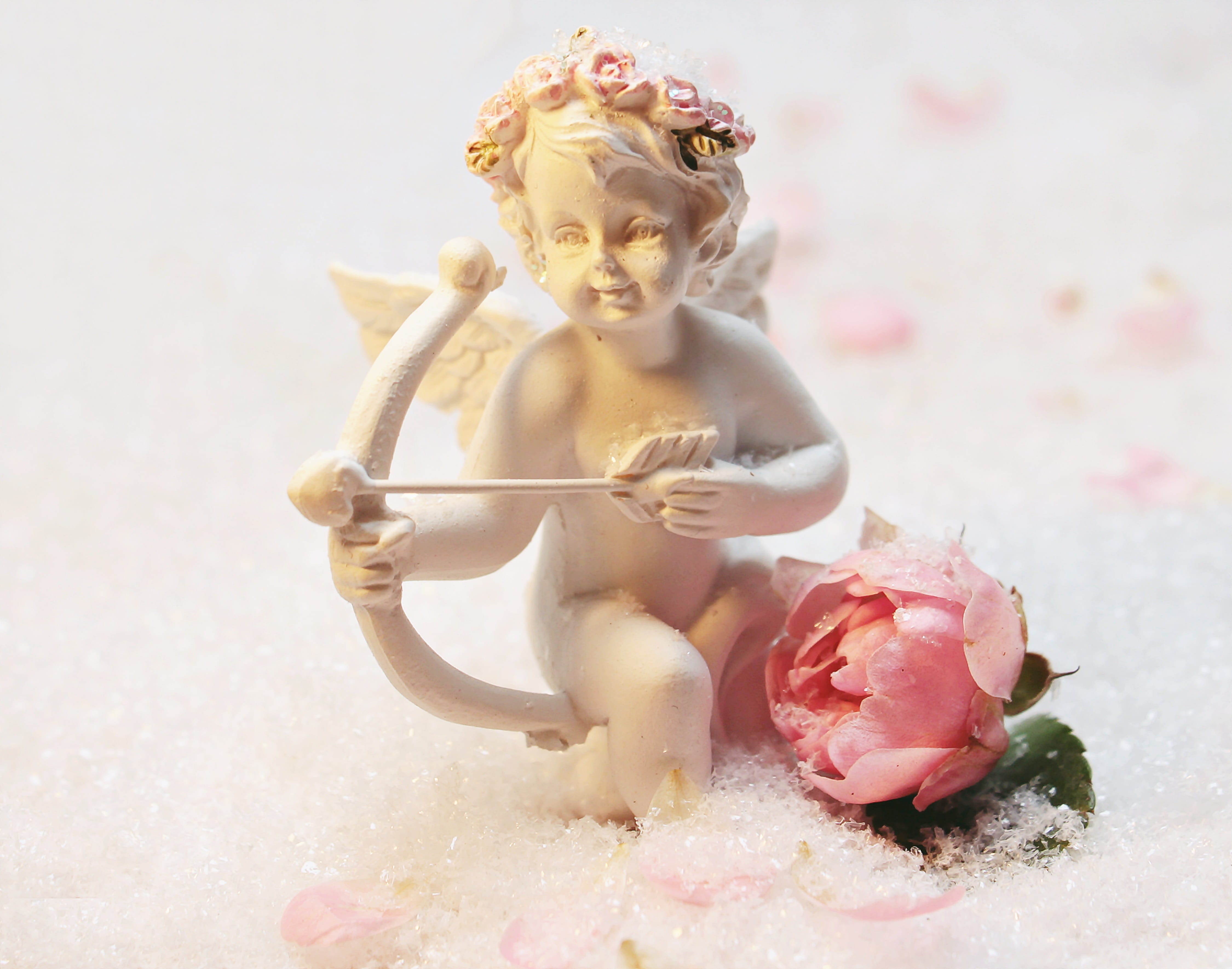 food, ceramic, luck, pink roses, symbolism, cupido, photography, 4K, romantic, snow, freshness, emotion, romance, sweet food, human representation, feelings, HD Wallpaper