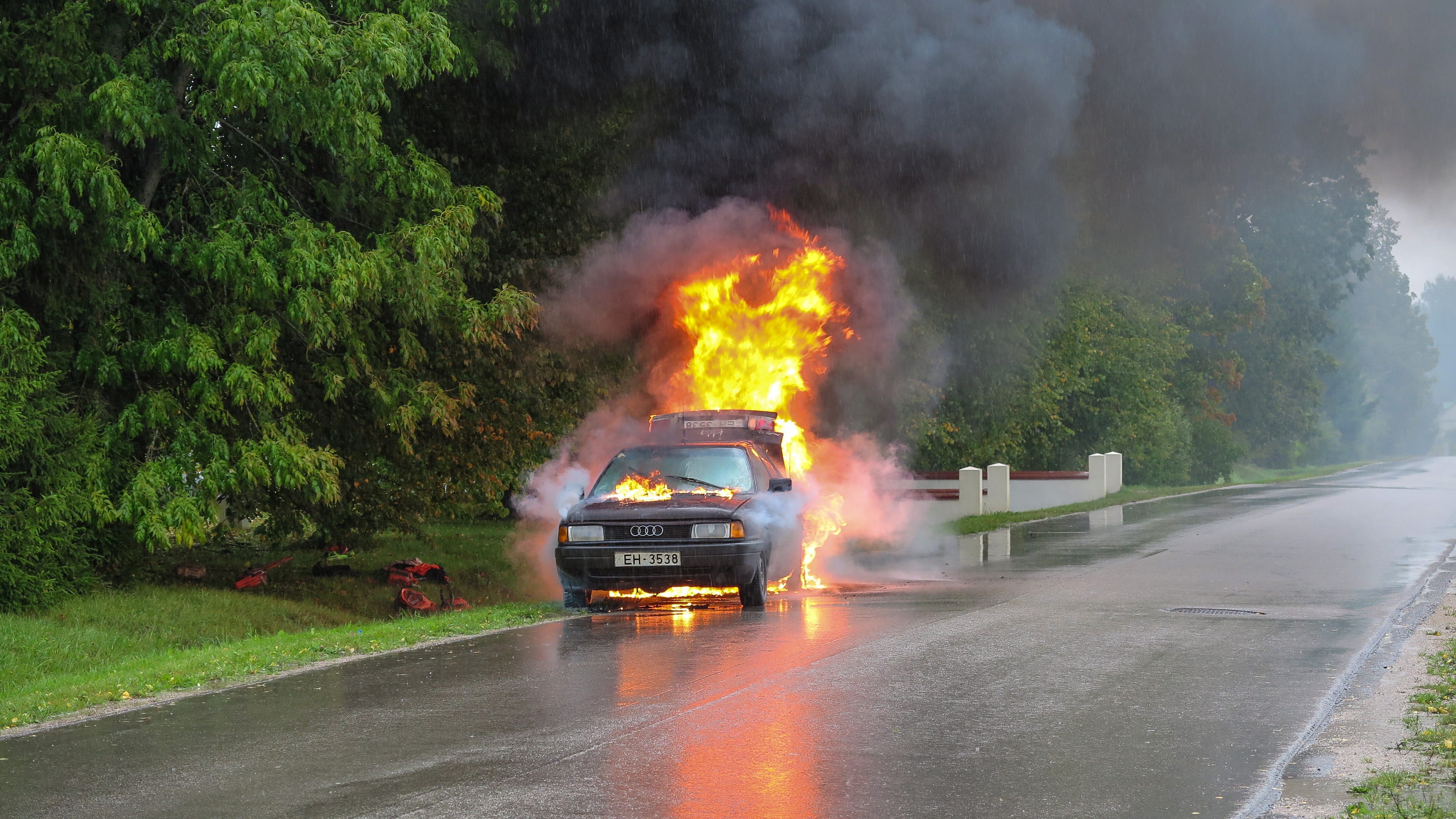 land vehicle, accident, smoke, emergency, burning, damage, collision, hose, safety, communication, sign, trouble, nature, heat, fire hose, near, automobile, HD Wallpaper