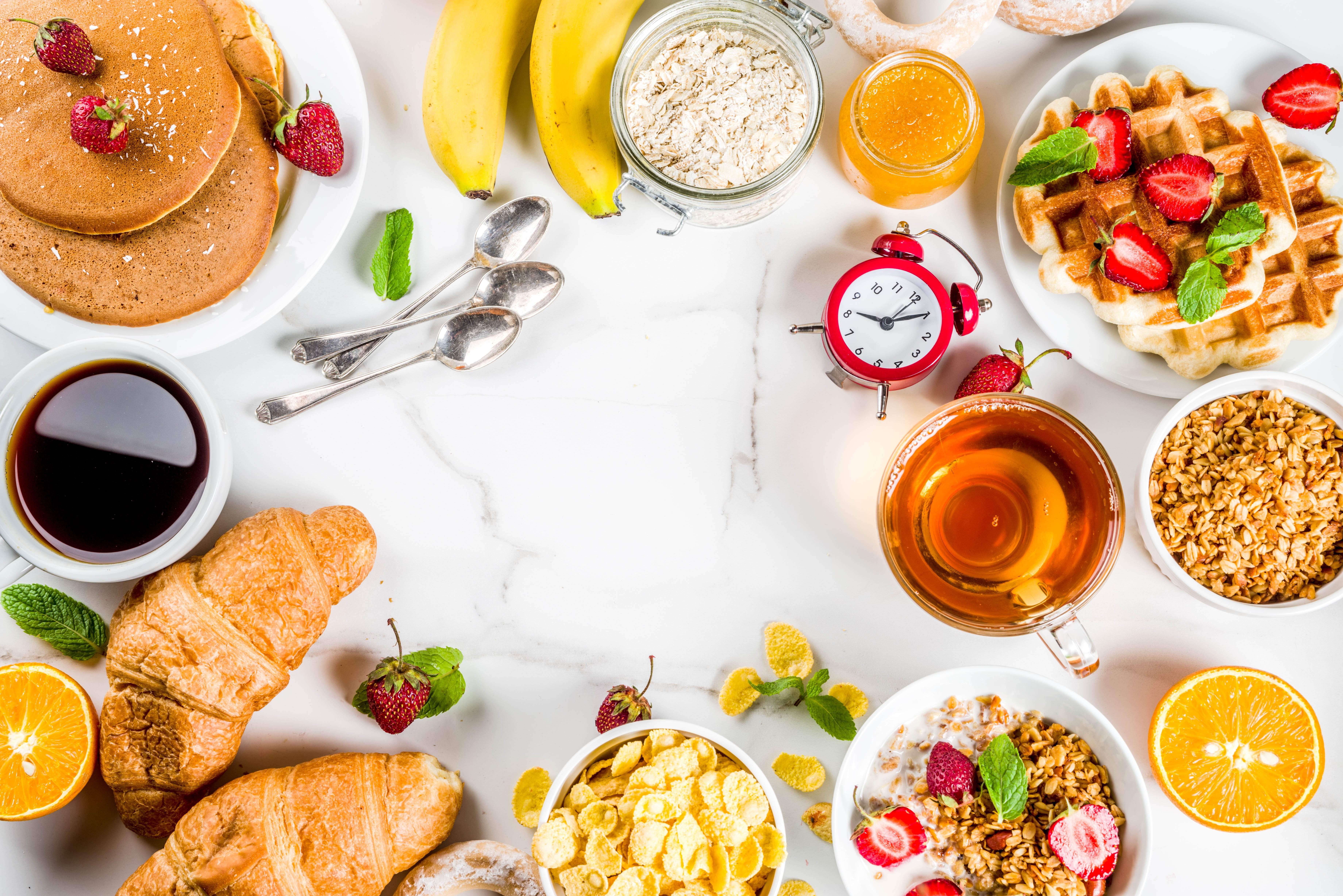 Breakfast, waffles, pancakes, food, yogurt, jam, strawberry, oatmeal, tea, 5K, berries, orange, cakes, HD Wallpaper
