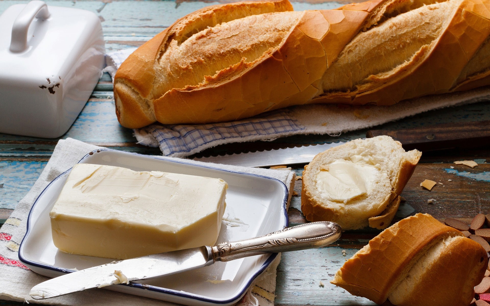 food and drink, healthy eating, freshness, food, wood - material, still life, household equipment, bread, french food, high angle view, table knife, Butter, HD Wallpaper