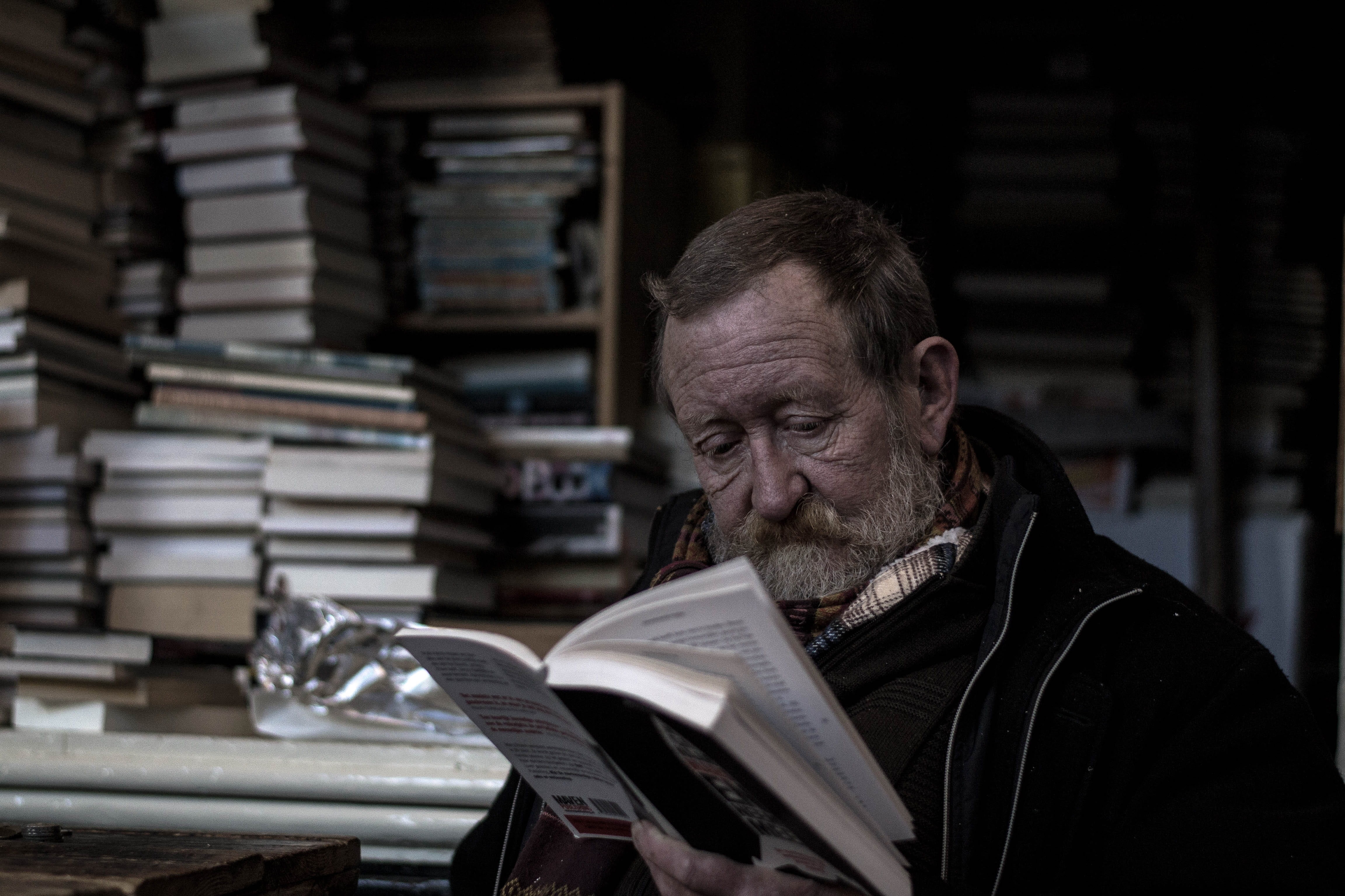 home, one person, stack, shelf, old man, mature adult, men, man, looking, books, reading, dog, publication, mature men, large group of objects, architecture, HD Wallpaper