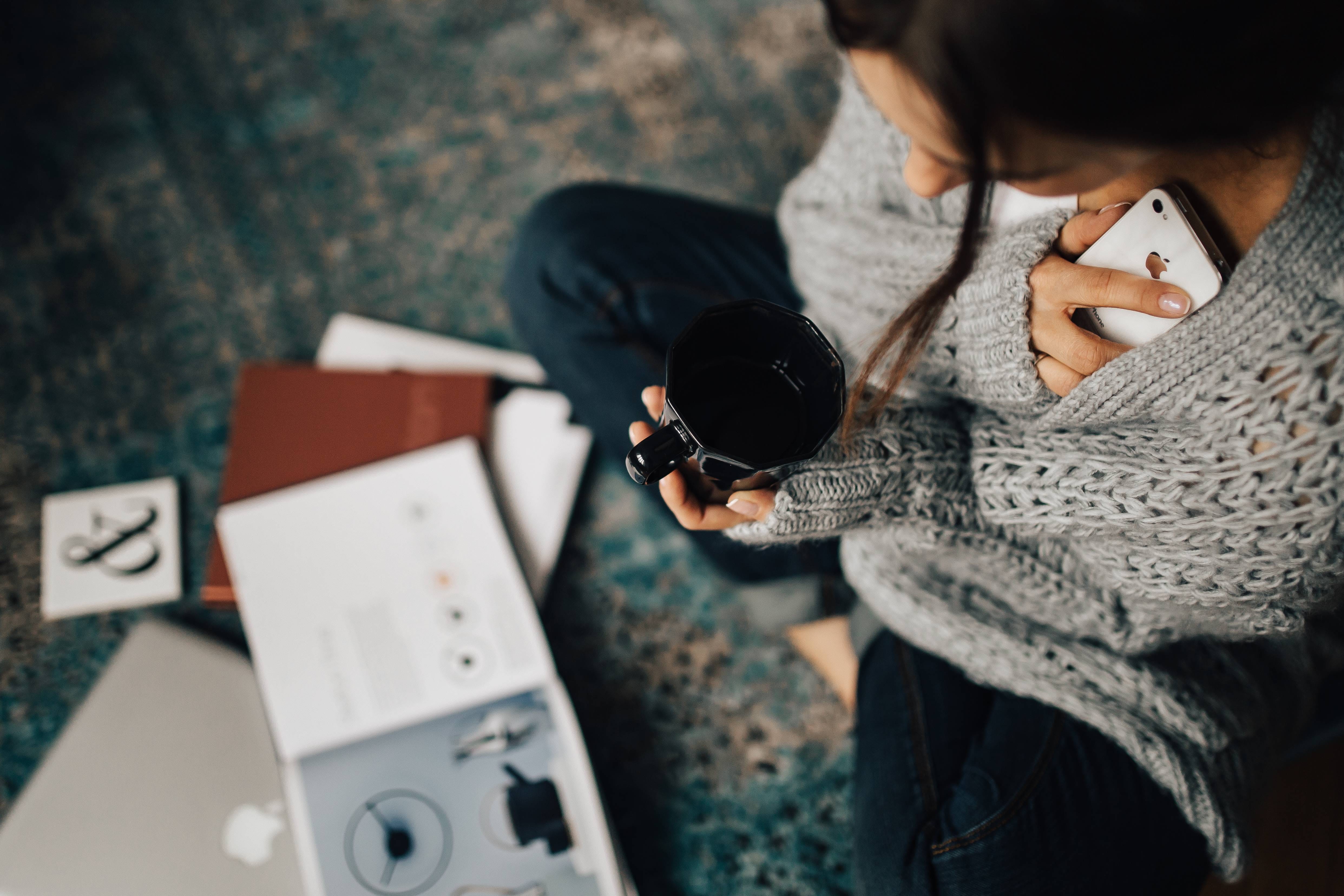 female, fashion, lifestyles, one woman only, activity, high angle view, women, leisure activity, real people, mug, winter, reading, warm clothing, people, HD Wallpaper