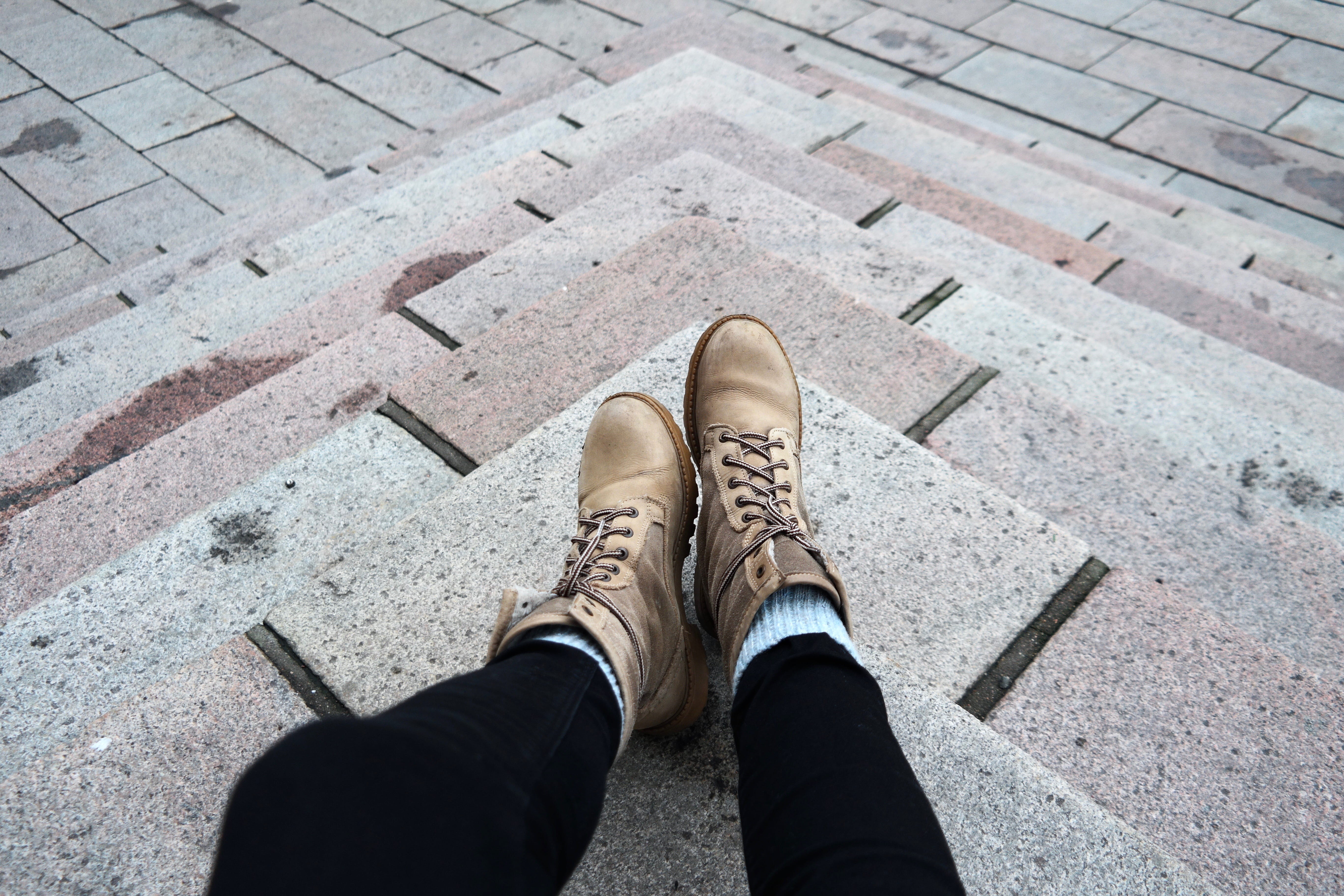 path, lifestyles, running shoe, shoe, street, leisure activity, standing, clothing, apparel, brown, 5K, undershirt, sneaker, one person, boot, personal perspective, HD Wallpaper