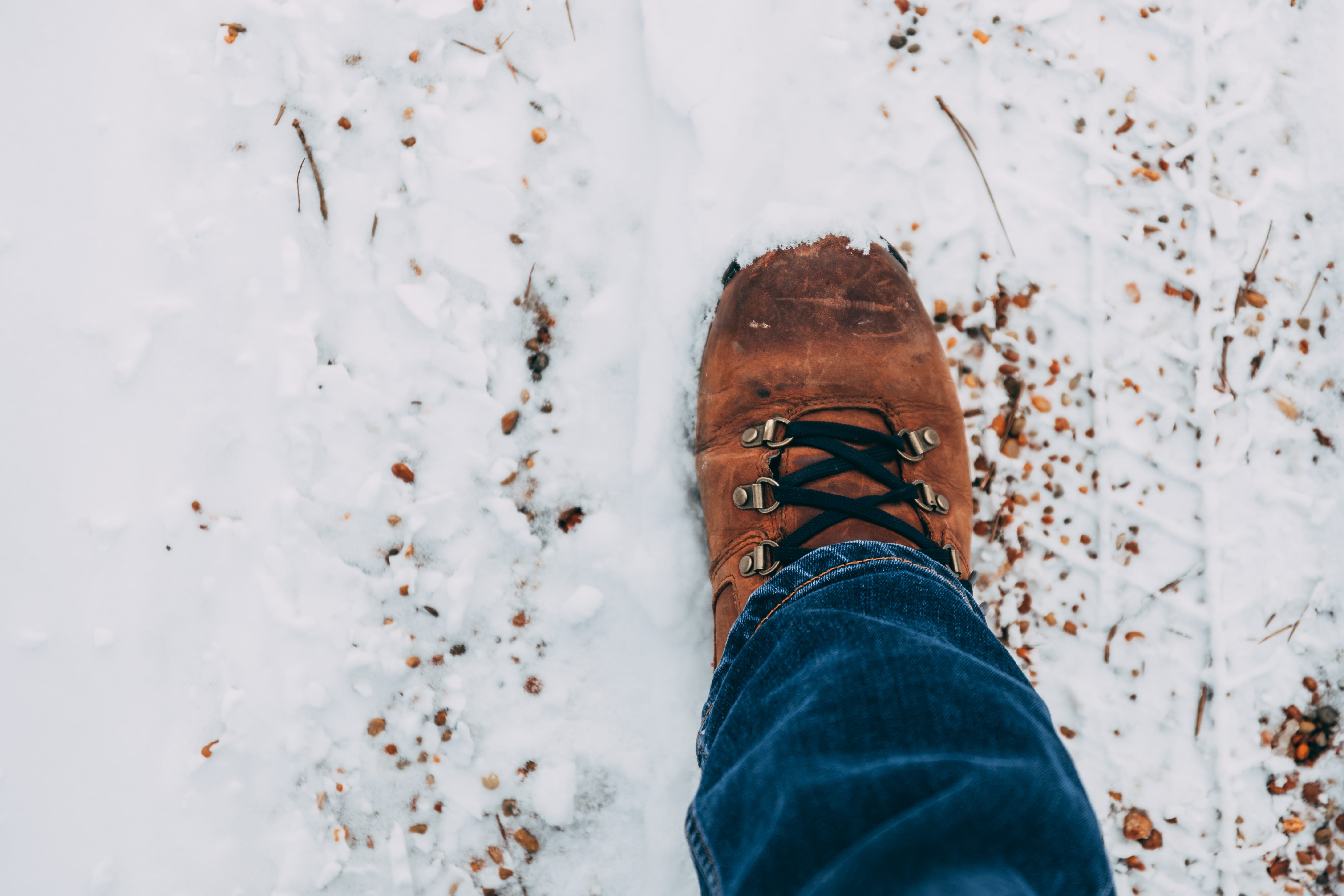 human foot, standing, outdoors, foot, leather, human leg, snow, nature, jeans, one person, brown, body part, covered, person, lifestyles, wearing, directly above, HD Wallpaper