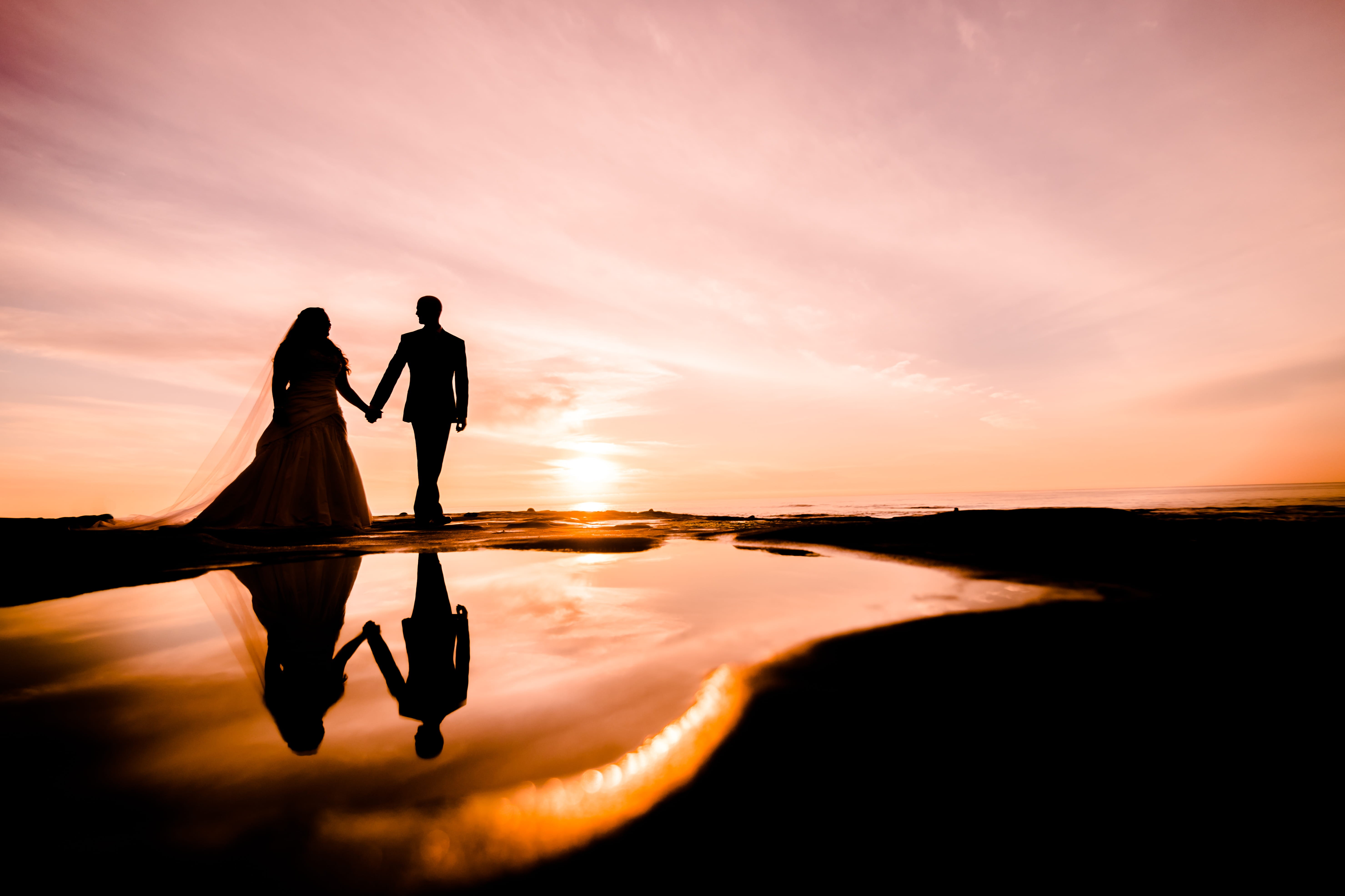 5K, sunset, wedding, nature, two people, black, photography, people, men, groom, wedding day, heterosexual couple, orange, couple - relationship, beach, HD Wallpaper