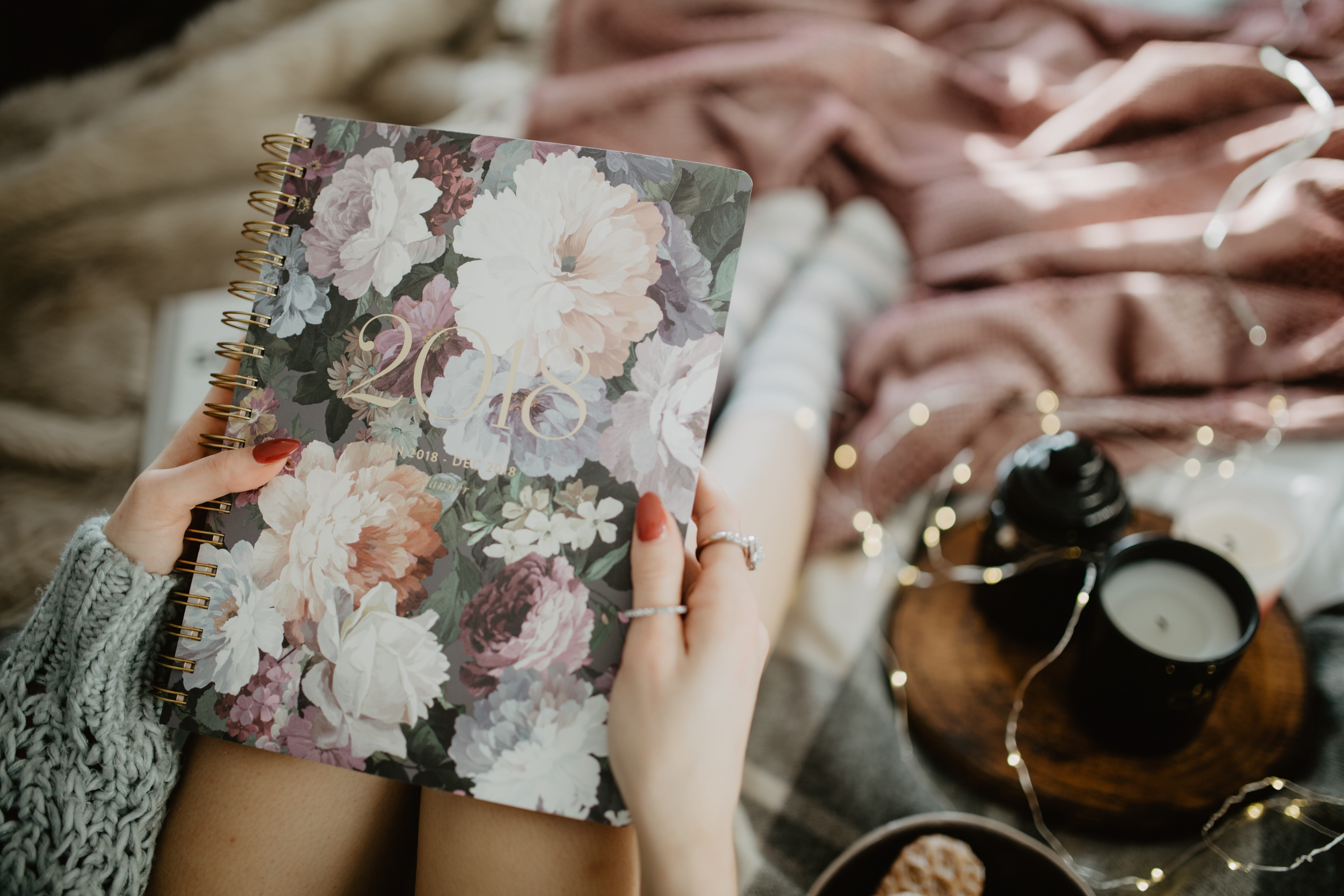 cosy, food and drink, day, writing, adult, nature, organizer, sitting, one person, planning, celebration, female, cozy, coffee, gingerbreads, plant, candles, HD Wallpaper