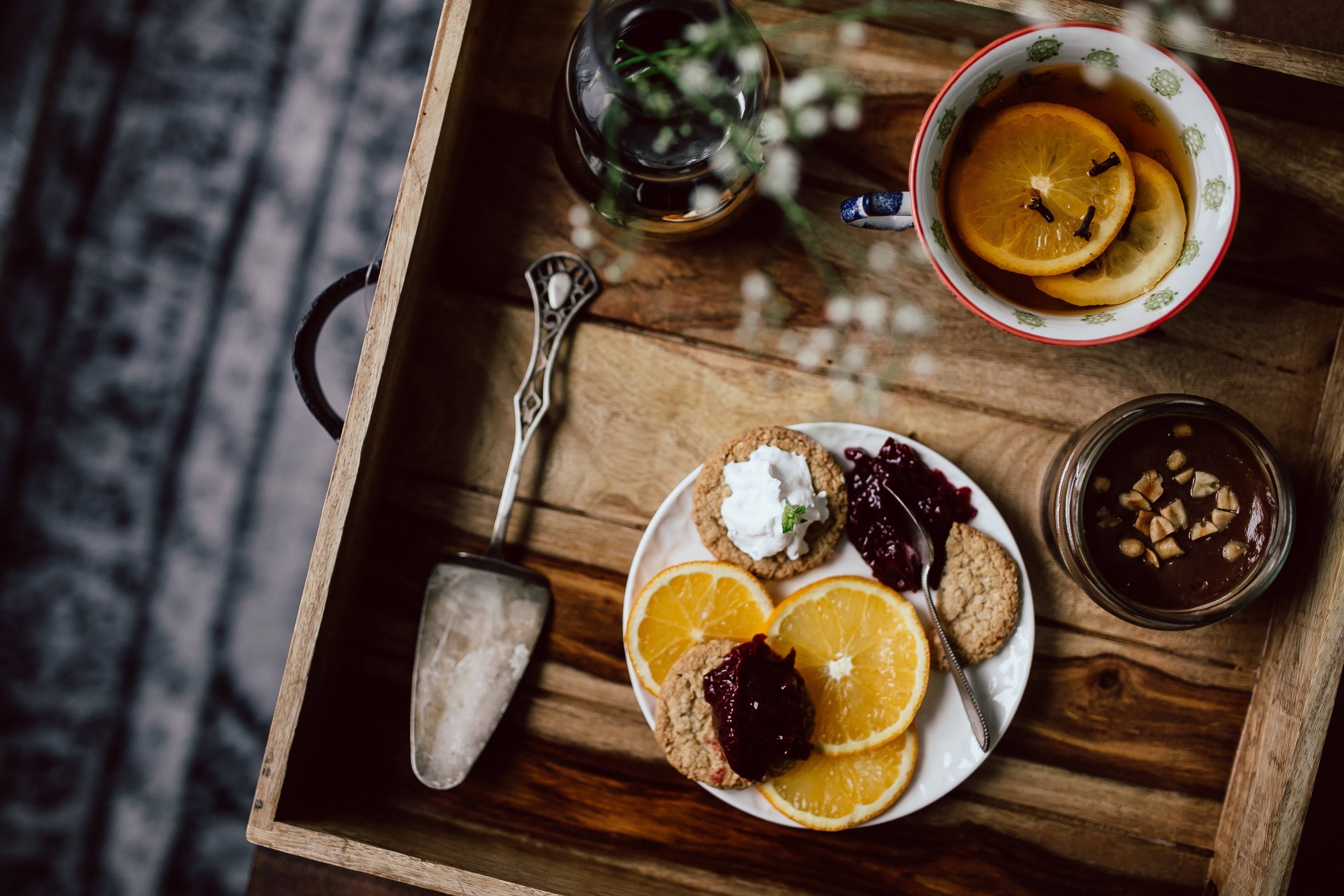 service, food and drink, hotel, indoors, breakfast, kitchen utensil, brunch, Room service, orange, domestic kitchen, tea, 4K, room, orange fruit, cookies, HD Wallpaper