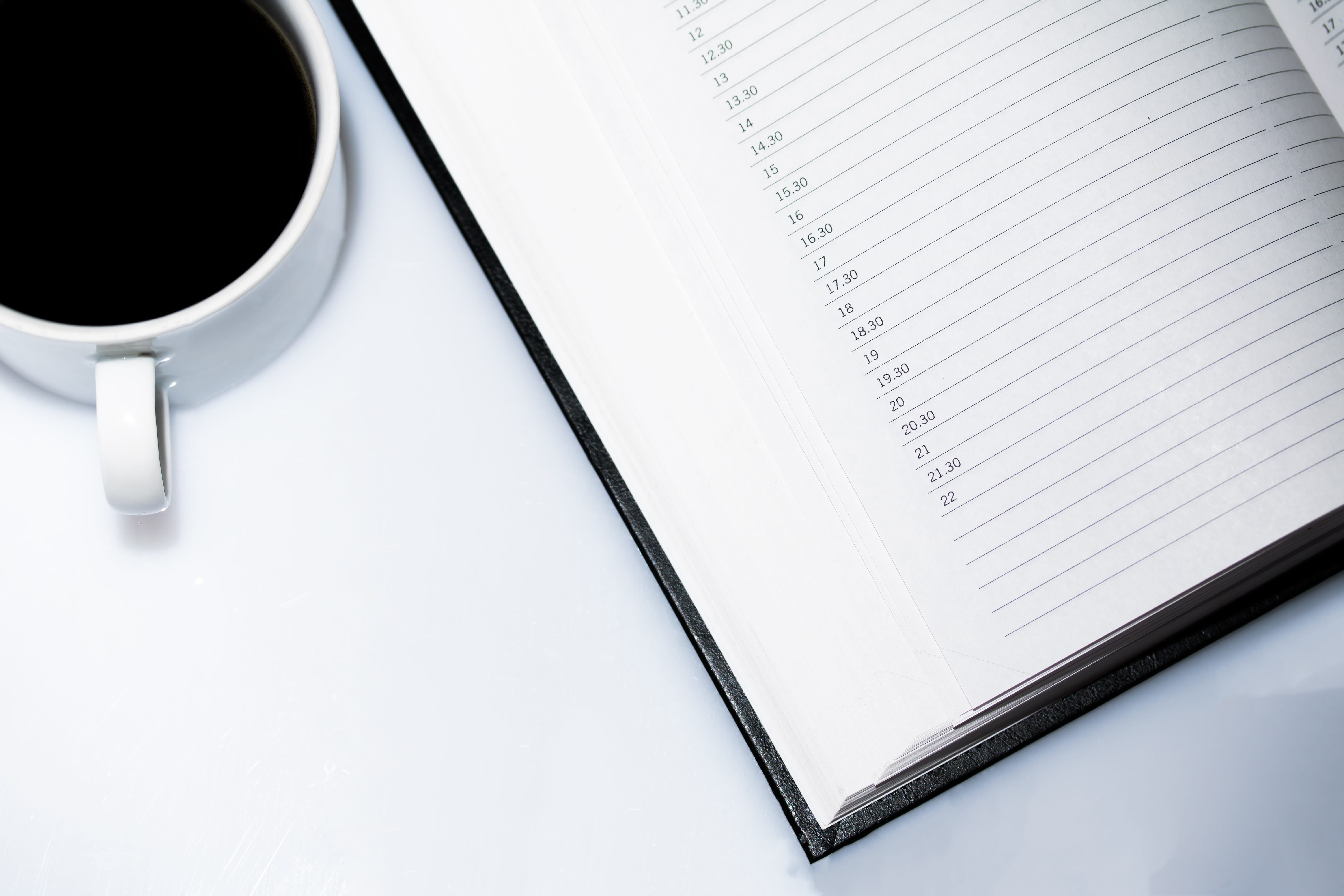 white background, planning, no people, high angle view, 5K, office, calendar, white color, close-up, forward, mug, book, food and drink, still life, workplace, HD Wallpaper