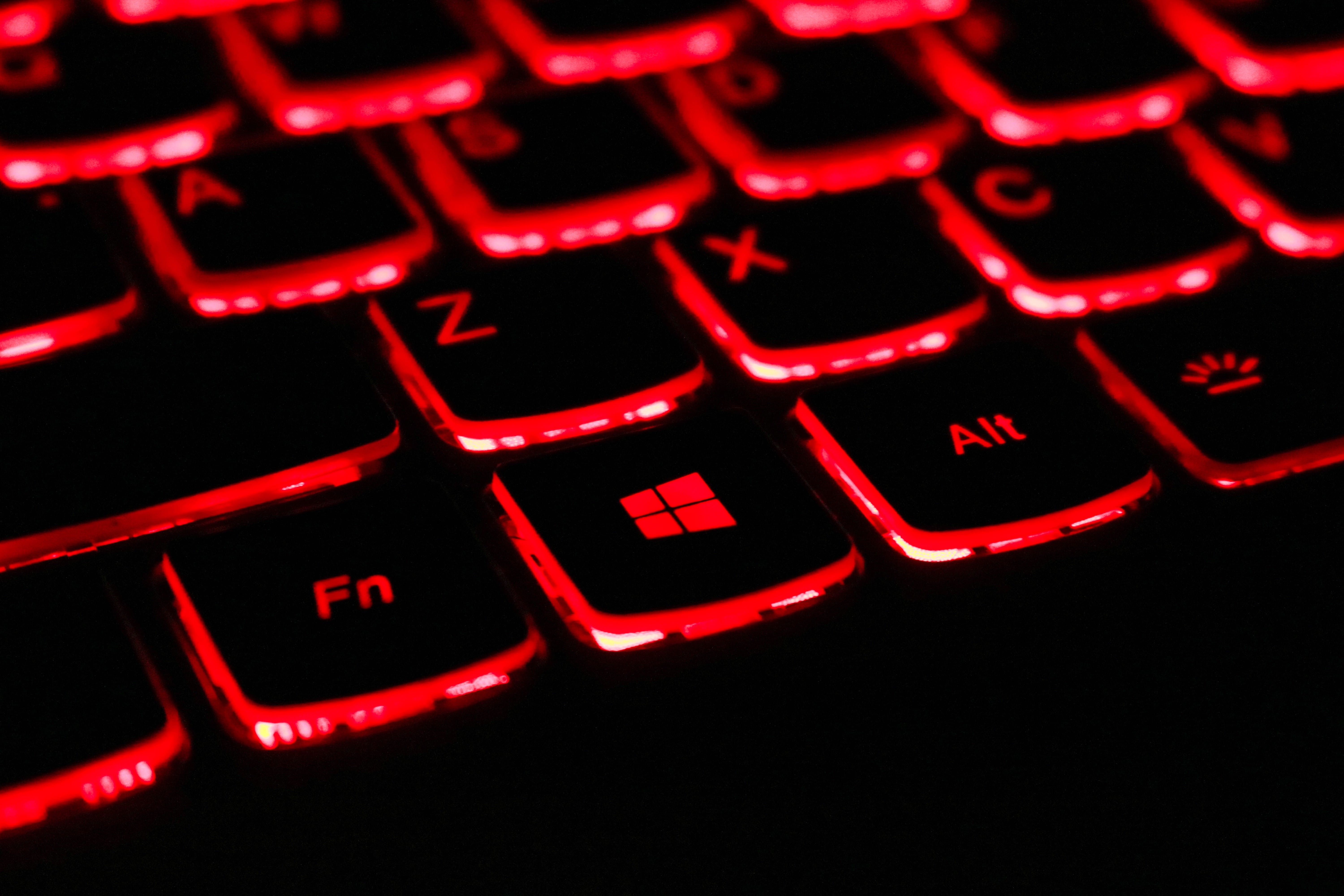 computer crime, illuminated, technology, 5K, no people, laptop, black, computer equipment, computer keyboard, black color, computer key, red, close-up, HD Wallpaper