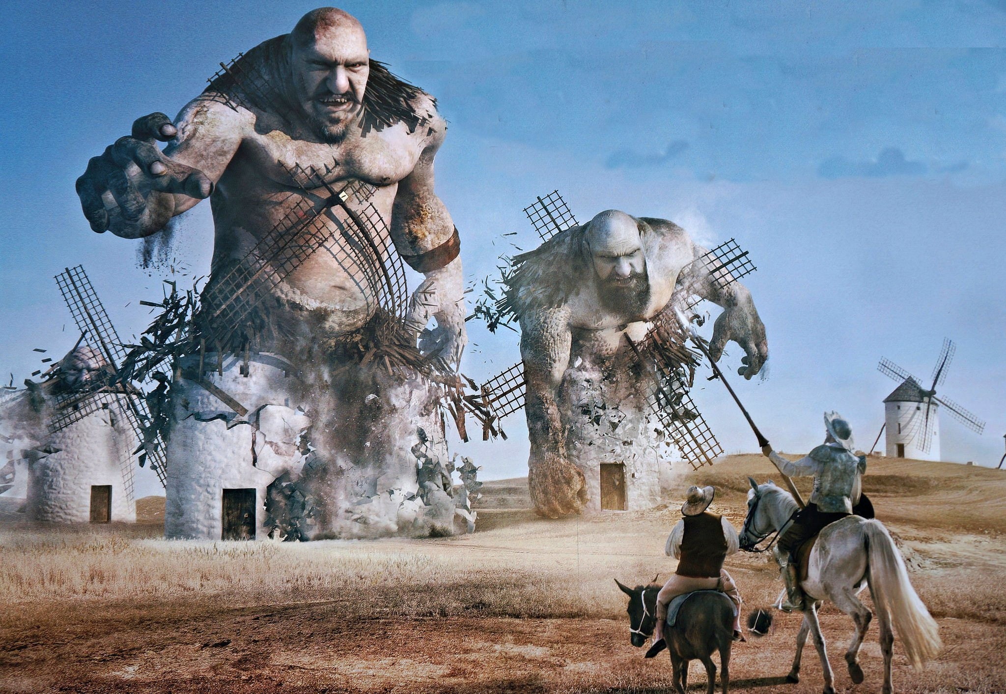Don Quixote, Sancho Panza, the giants, mill, 1080P, the battle, HD Wallpaper