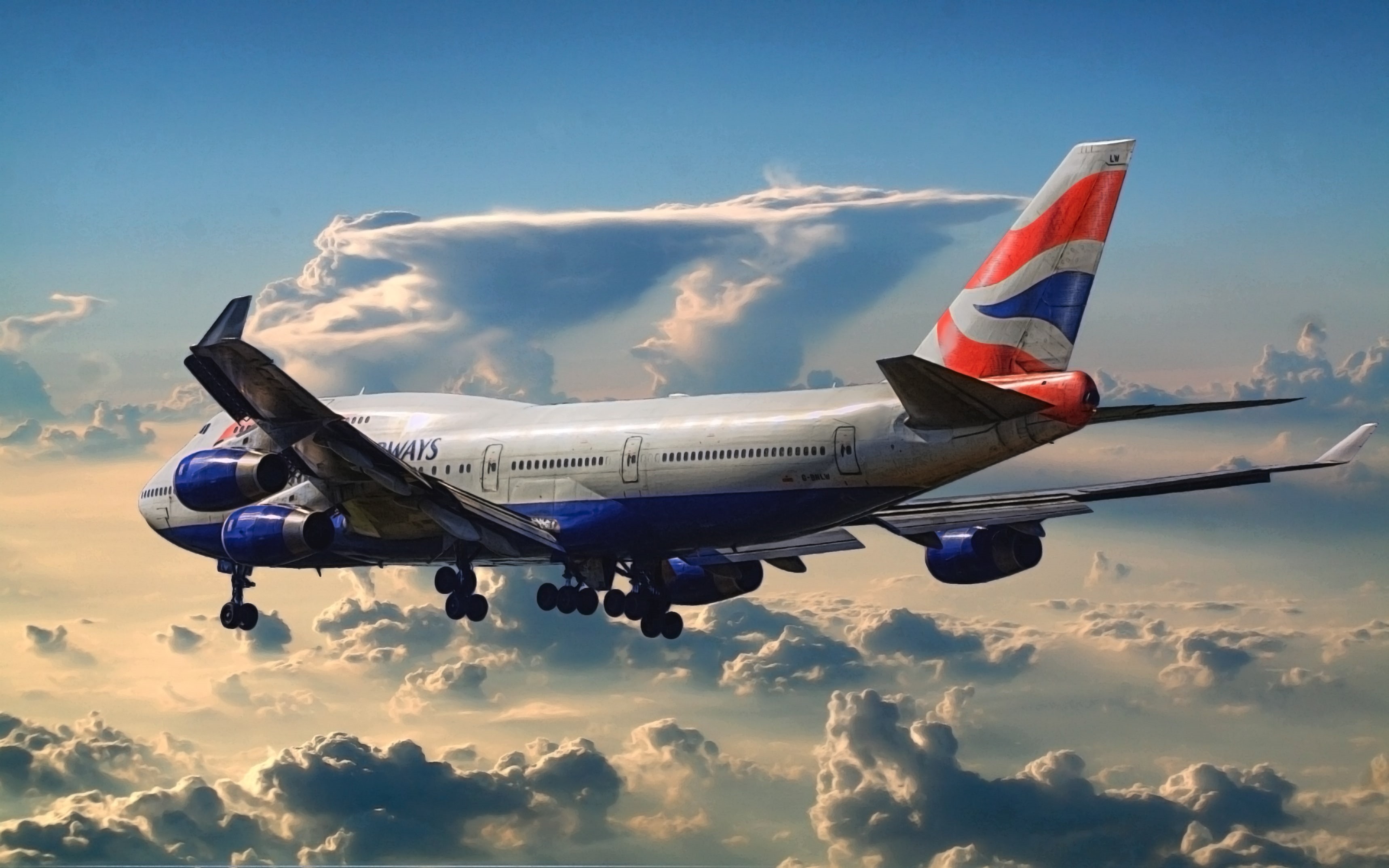 air vehicle, Clouds, British Airways, transportation, Airliner, plane, mode of transportation, blue, airplane, Passenger, white, 747, The plane, Airport, HD Wallpaper